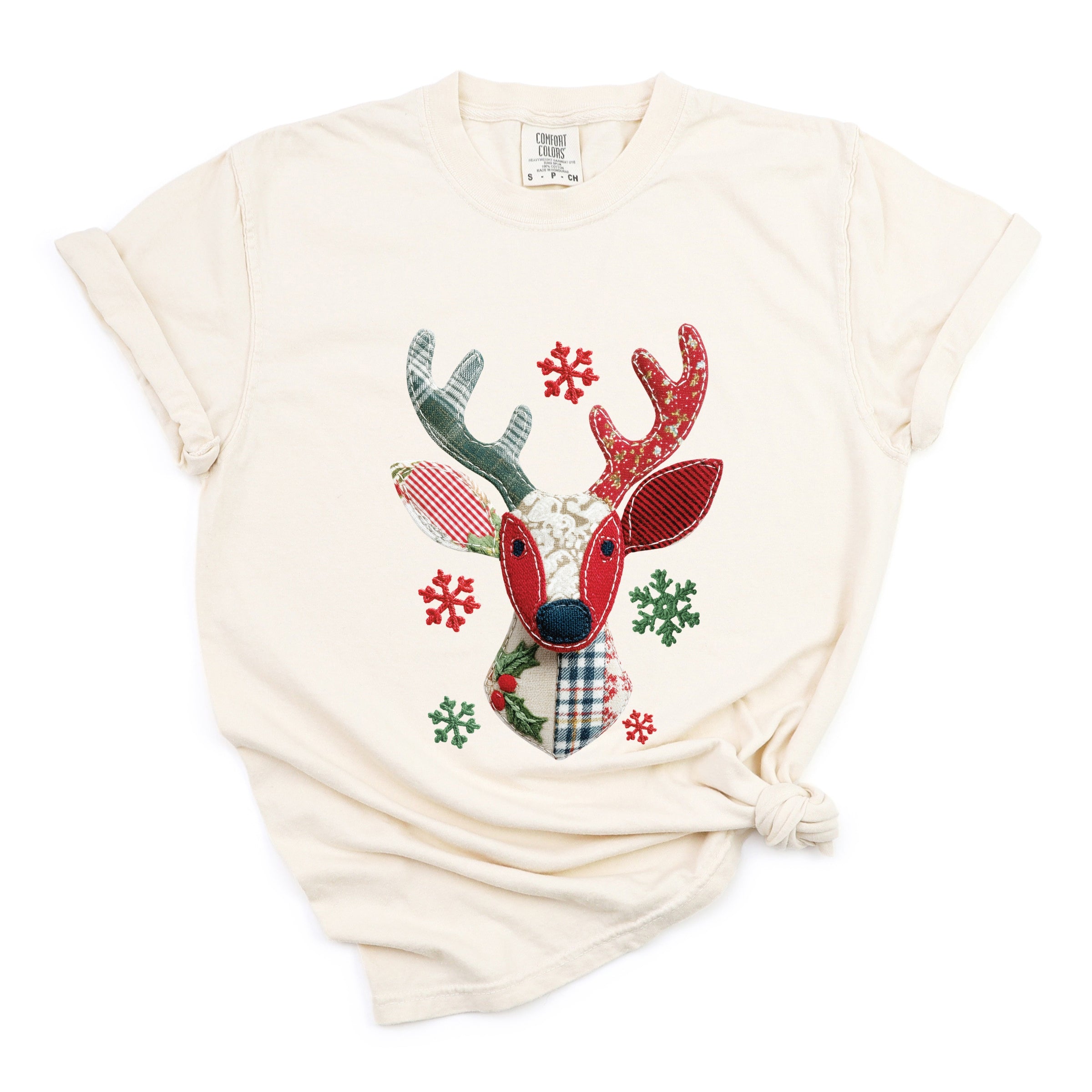 Reindeer Patchwork Print - Womens Garment Dyed Tee