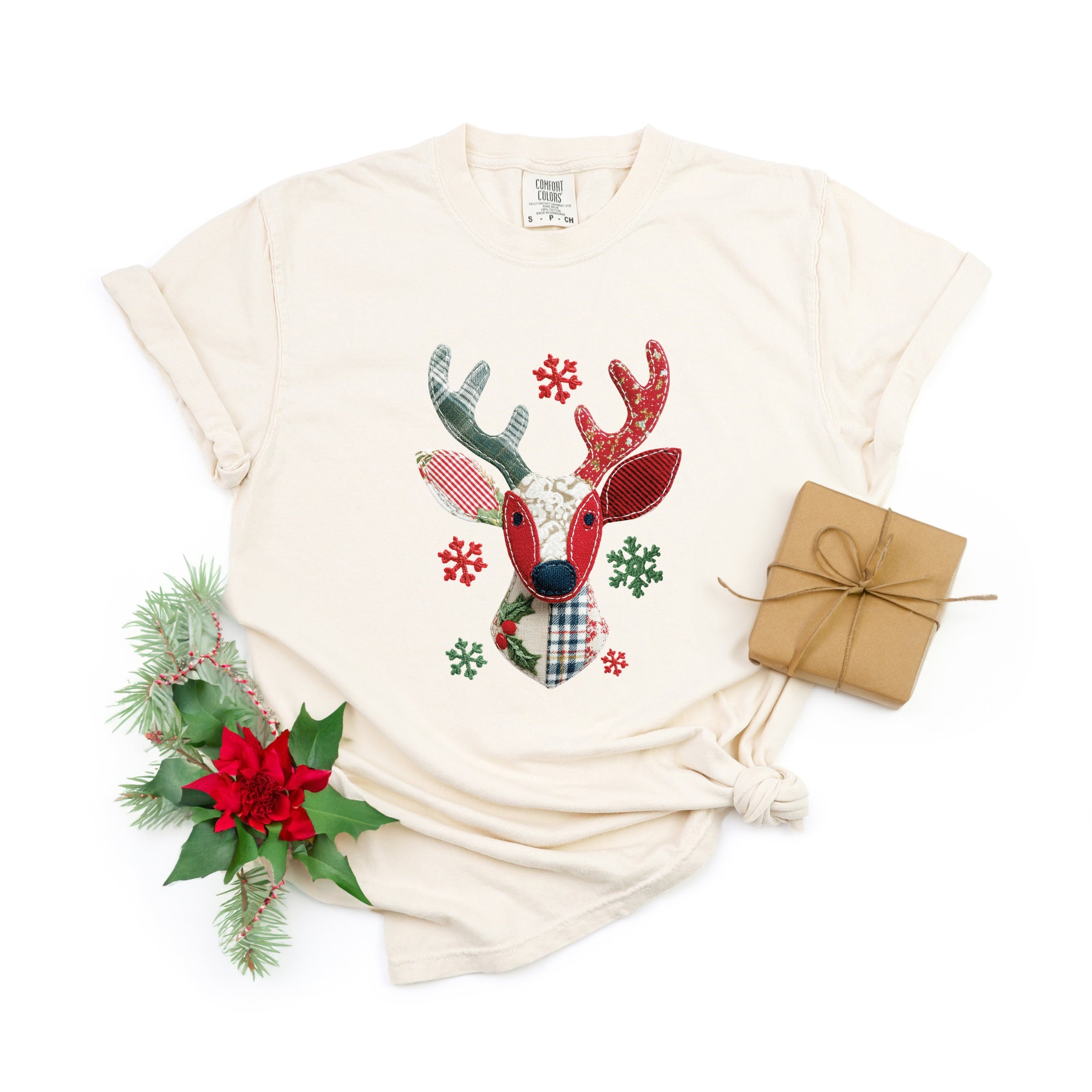 Reindeer Patchwork Print - Womens Garment Dyed Tee