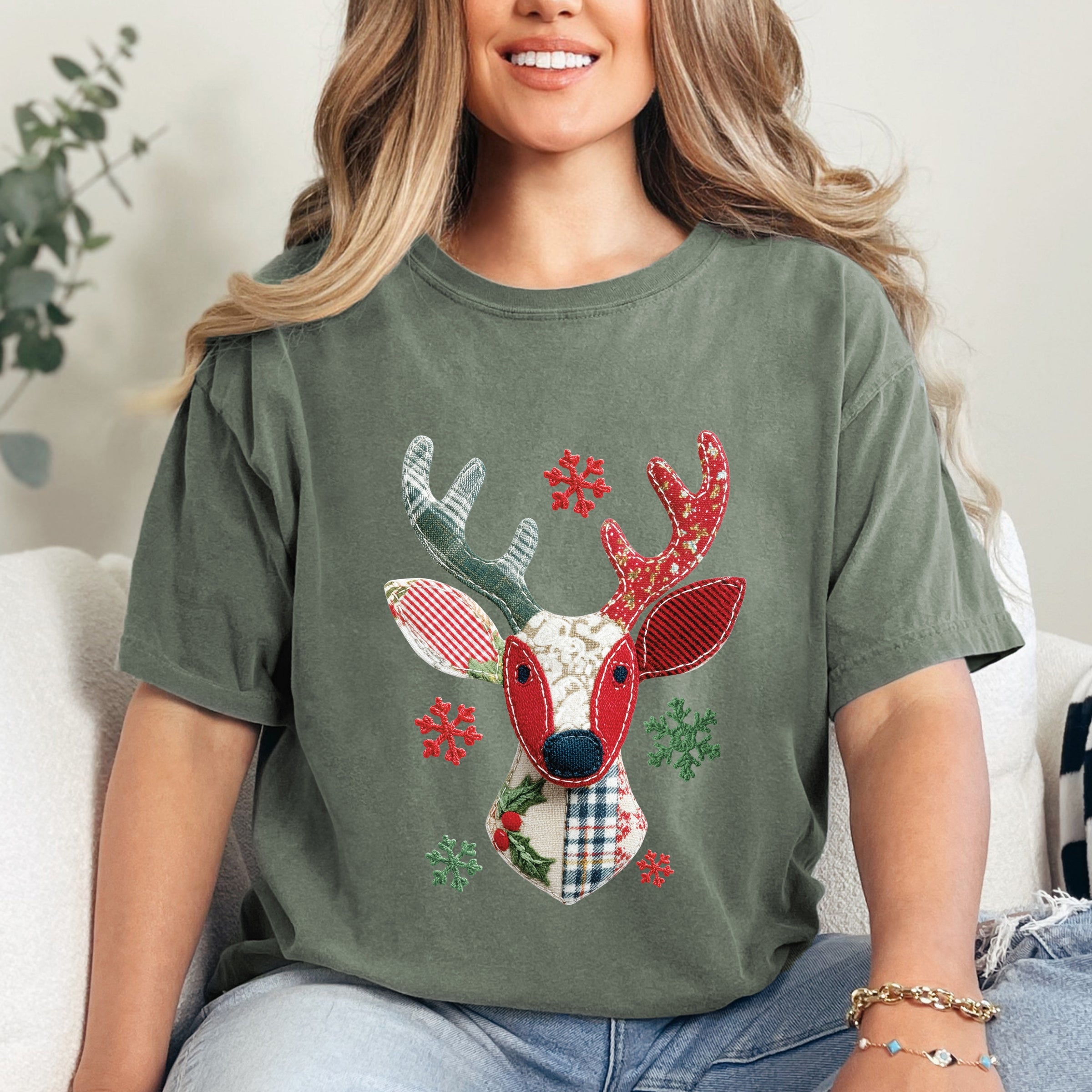 Reindeer Patchwork Print - Womens Garment Dyed Tee