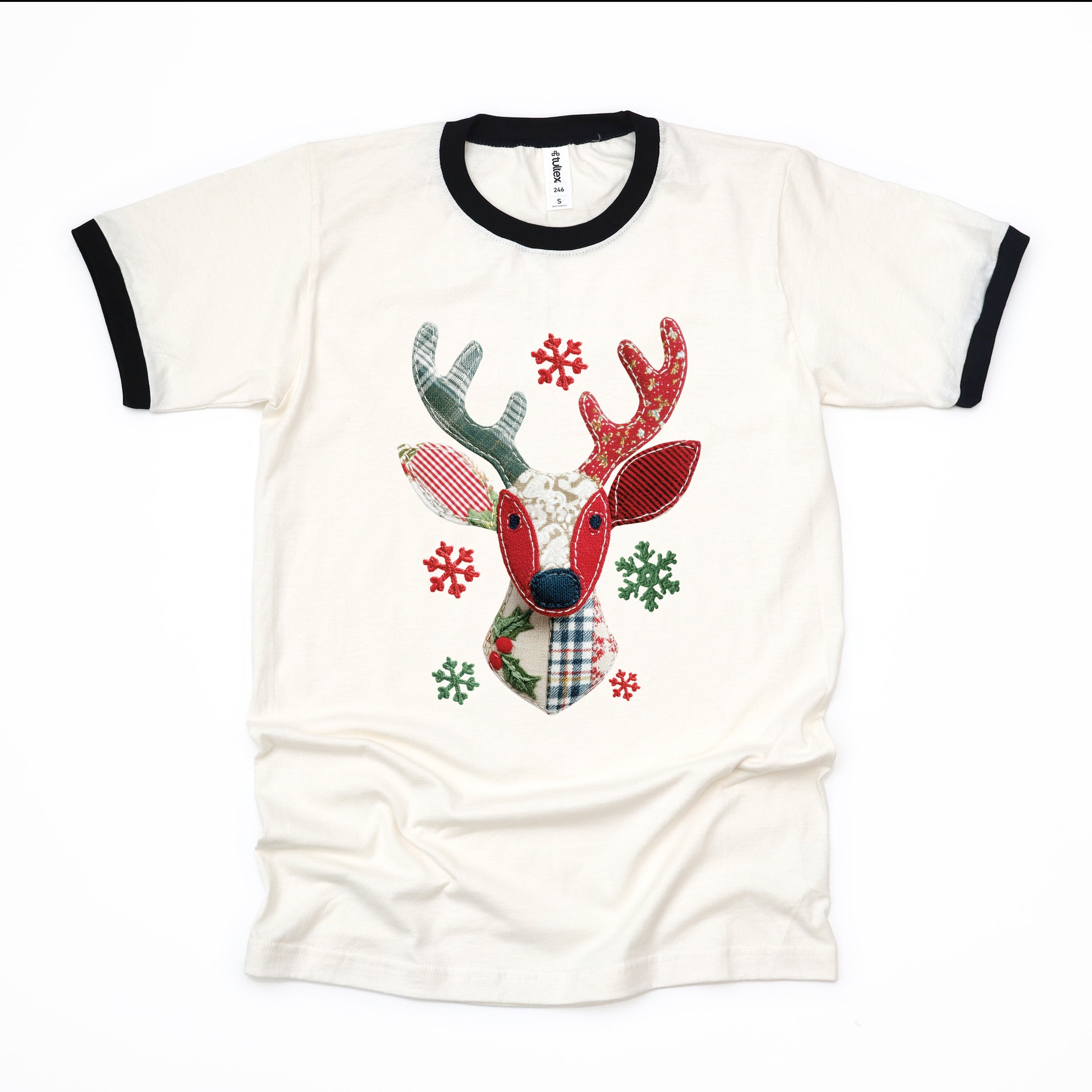 Reindeer Patchwork Print - Womens Ringer Tee