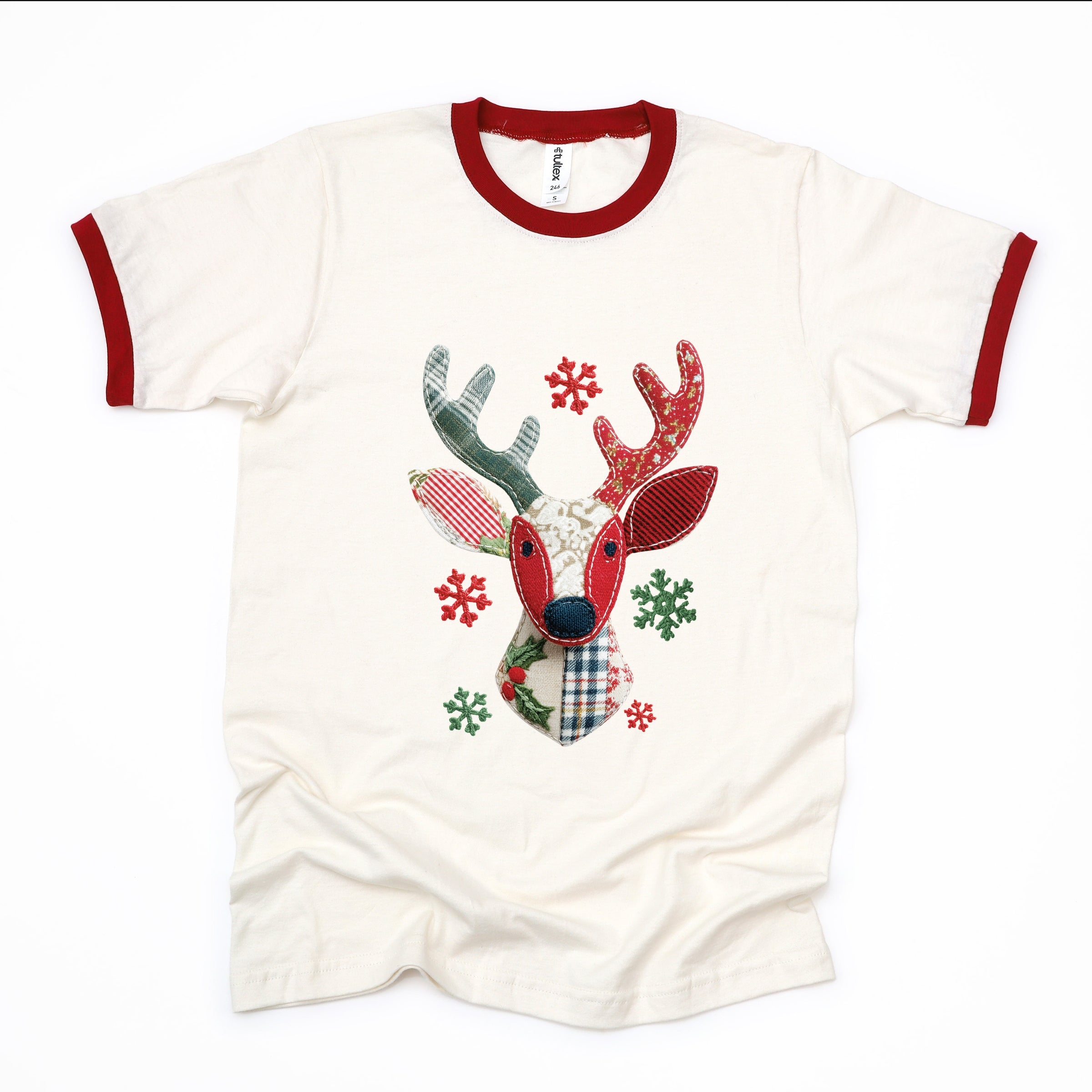 Reindeer Patchwork Print - Womens Ringer Tee