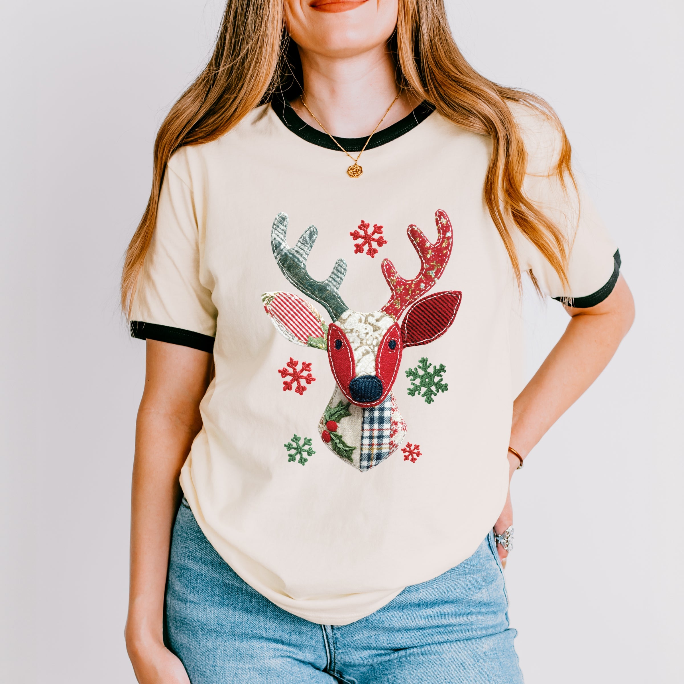 Reindeer Patchwork Print - Womens Ringer Tee
