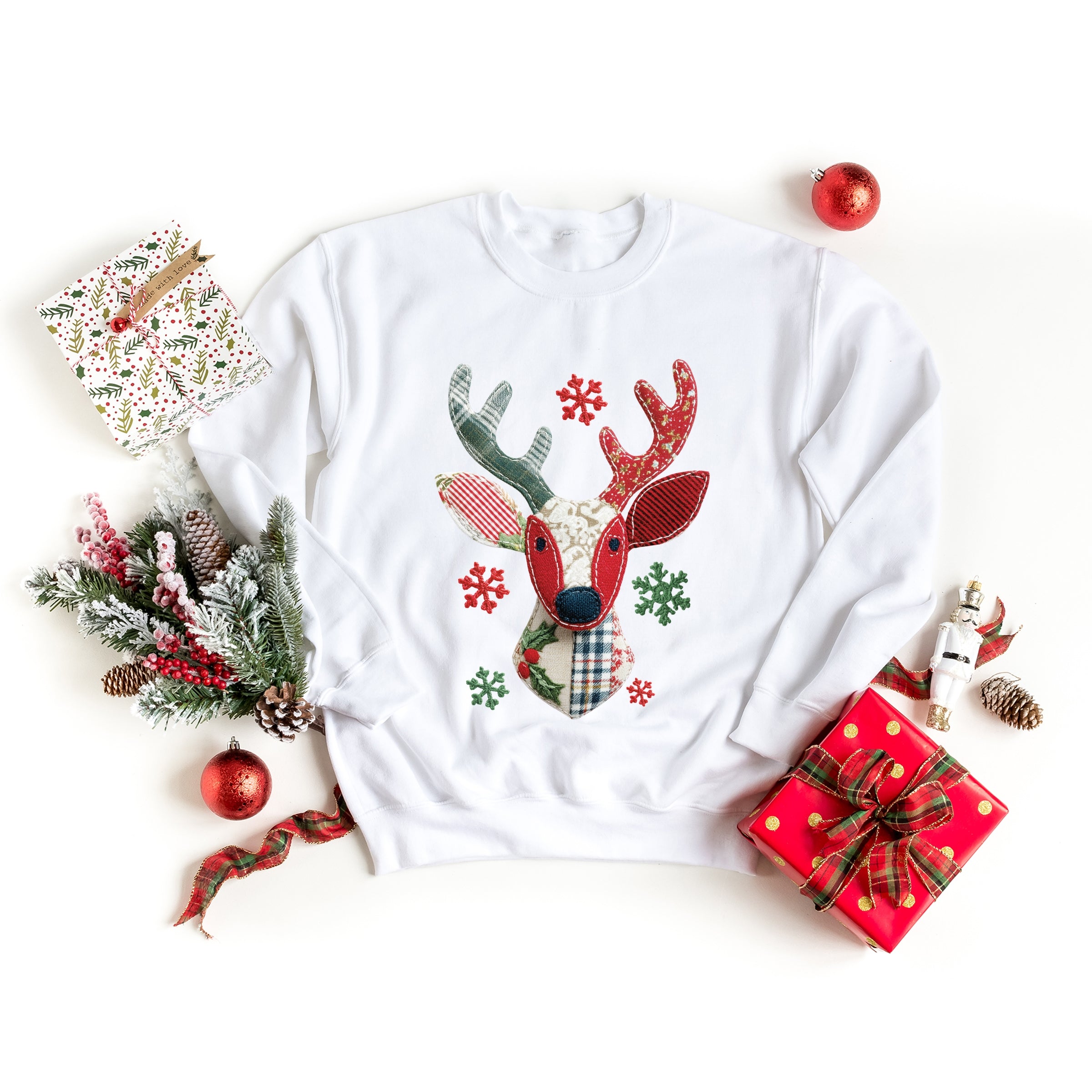 Reindeer Patchwork Print -  Womens Sweatshirt