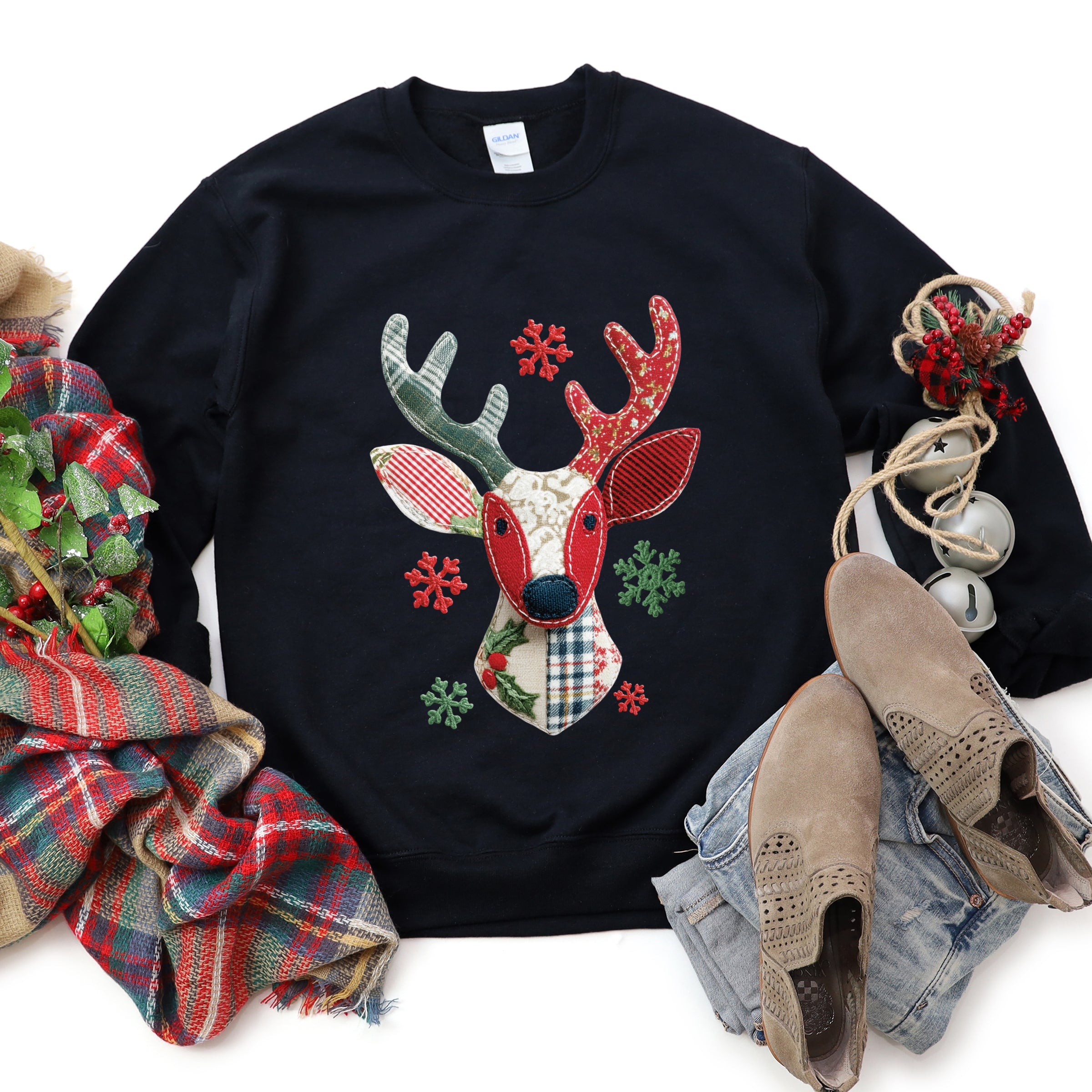 Reindeer Patchwork Print -  Womens Sweatshirt