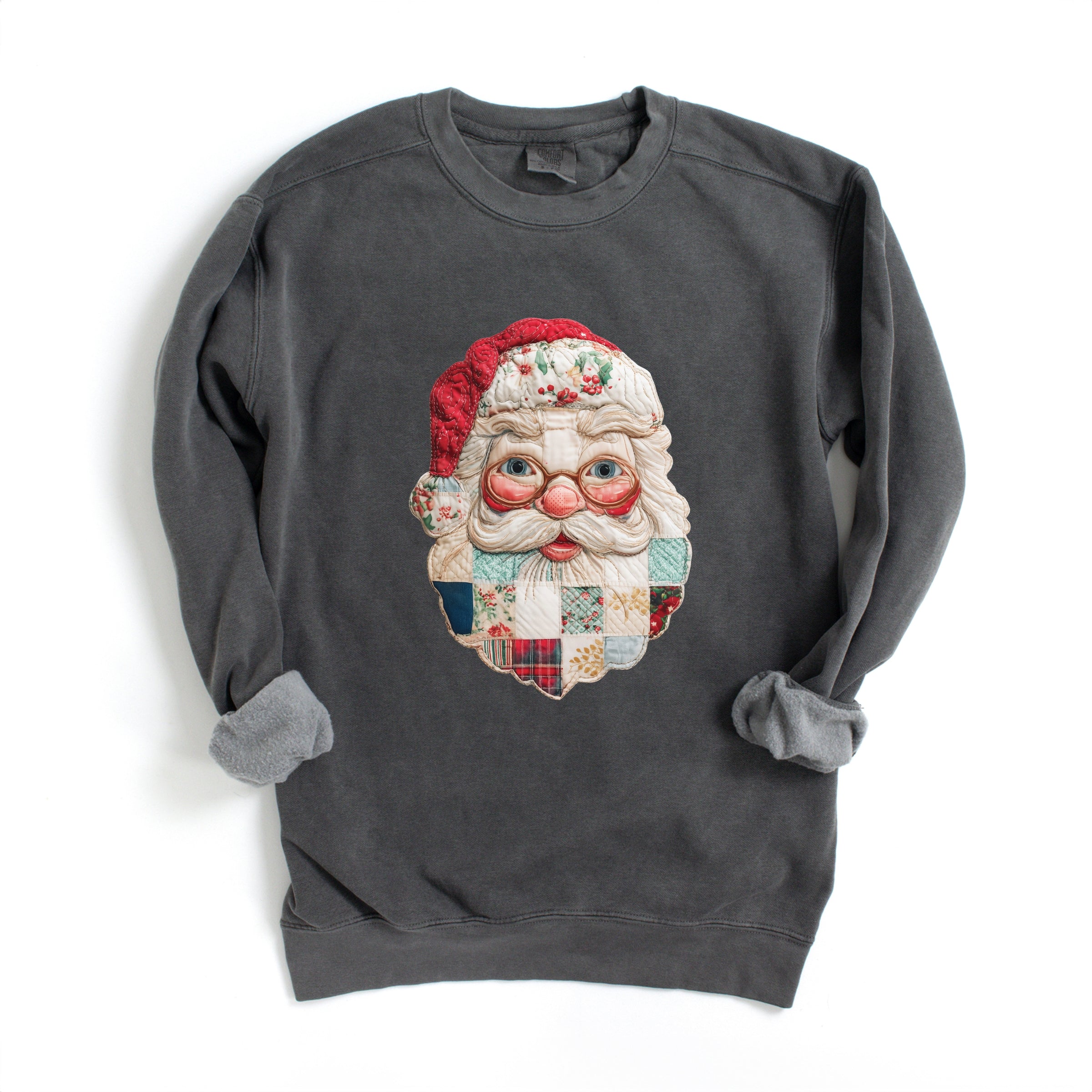 Santa Face Patchwork Print - Women's Garment Dyed Sweatshirt