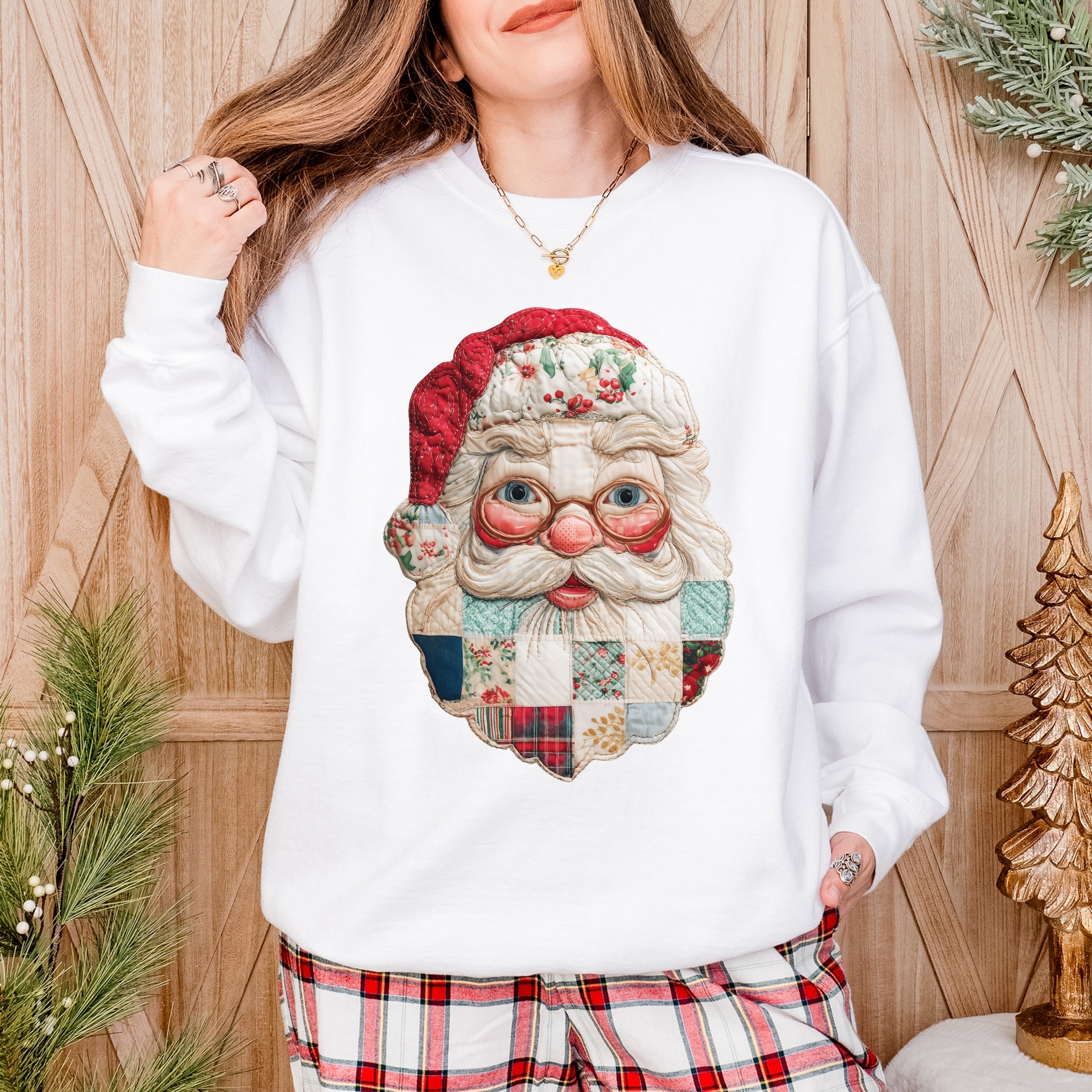 Santa Face Patchwork Print - Women's Garment Dyed Sweatshirt
