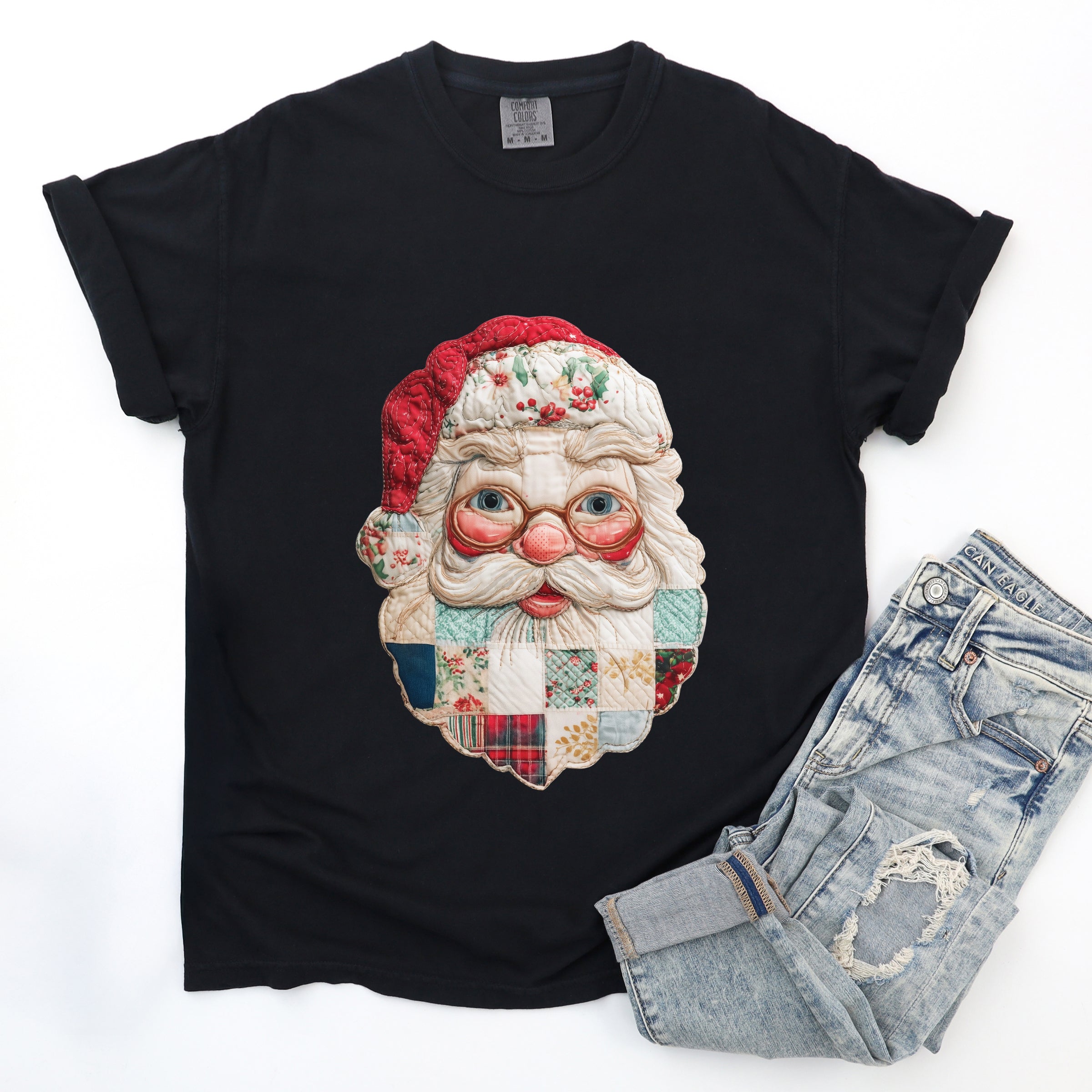 Santa Face Patchwork Print - Women's Garment Dyed Tee