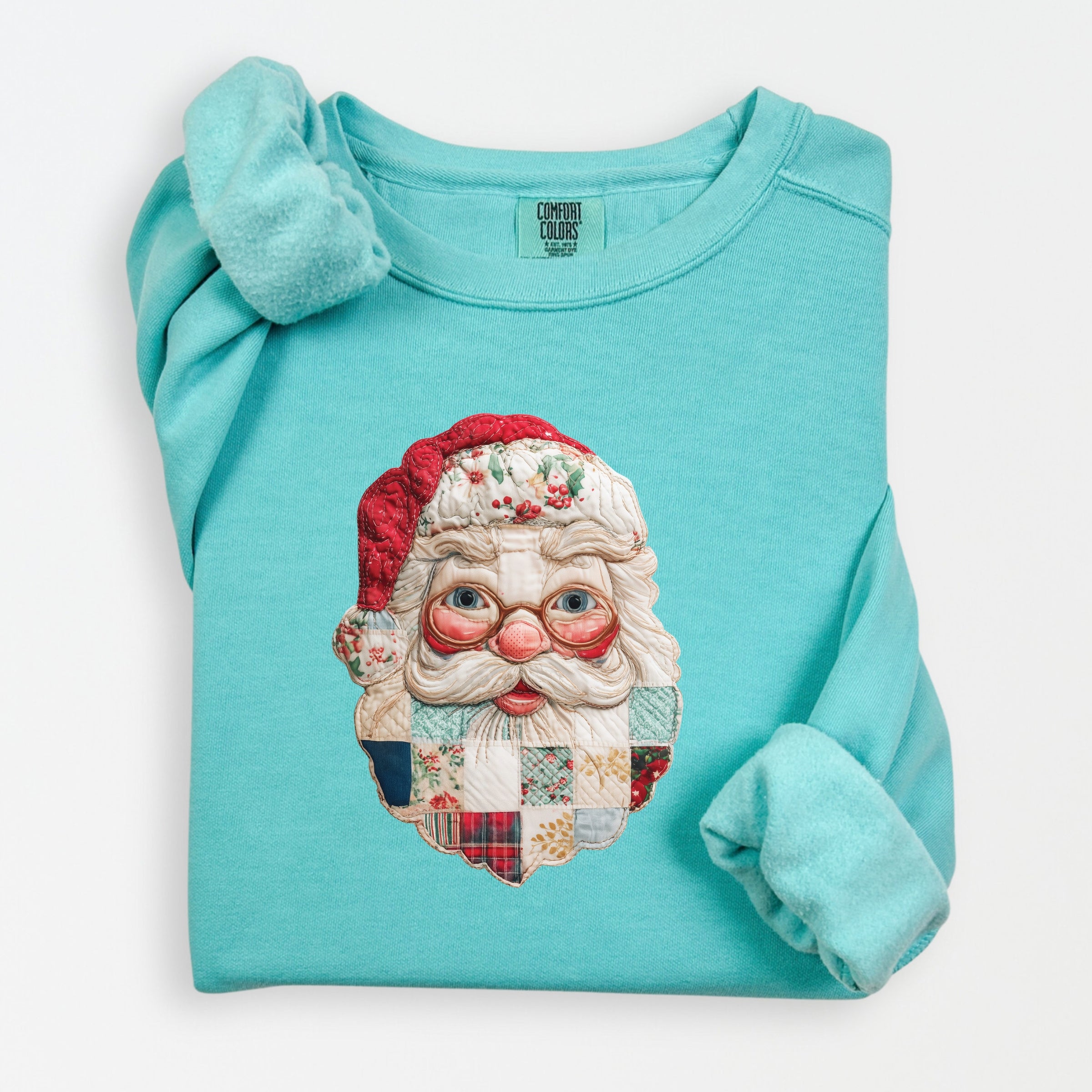 Santa Face Patchwork Print - Women's Lightweight Garment Dyed Sweatshirt