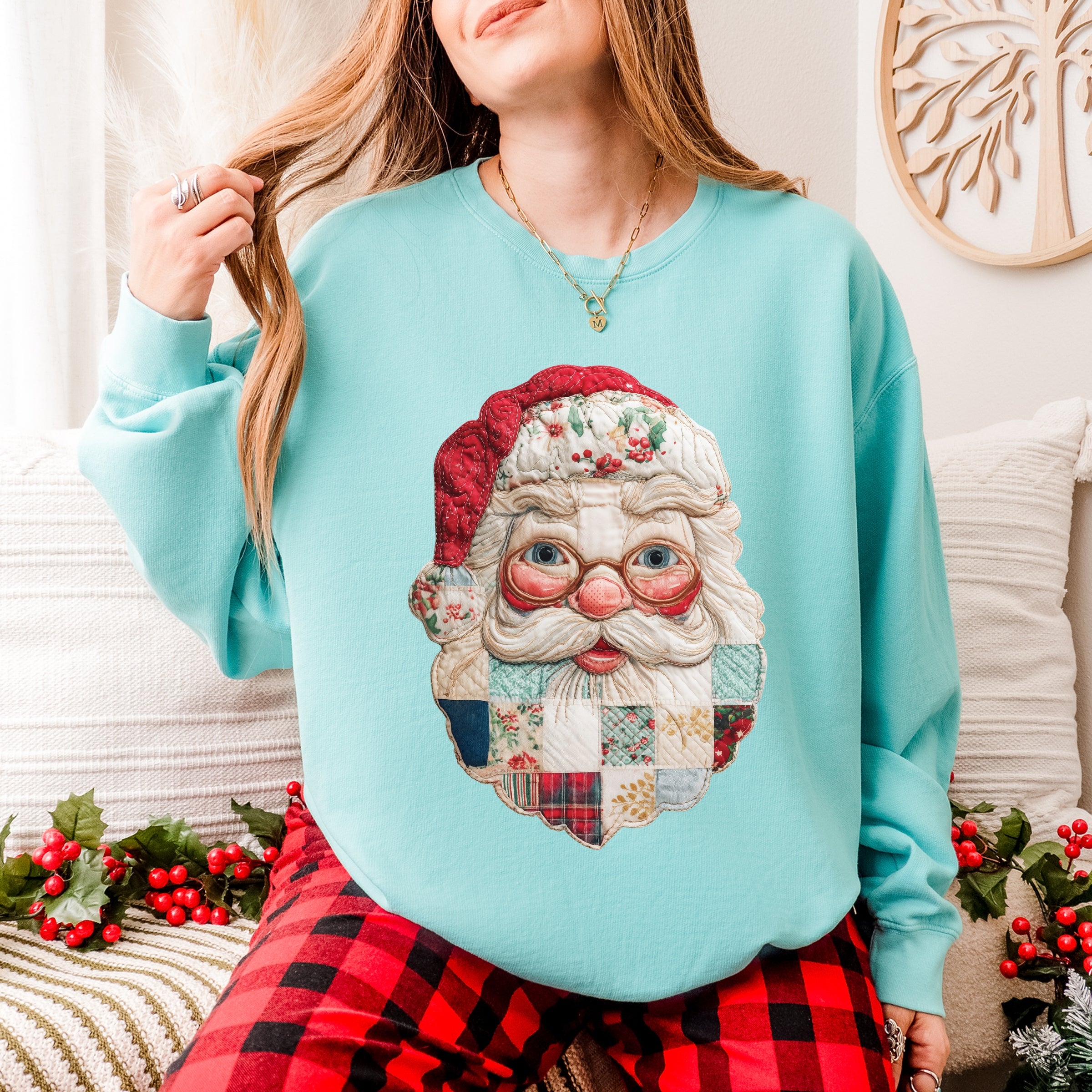 Santa Face Patchwork Print - Women's Lightweight Garment Dyed Sweatshirt