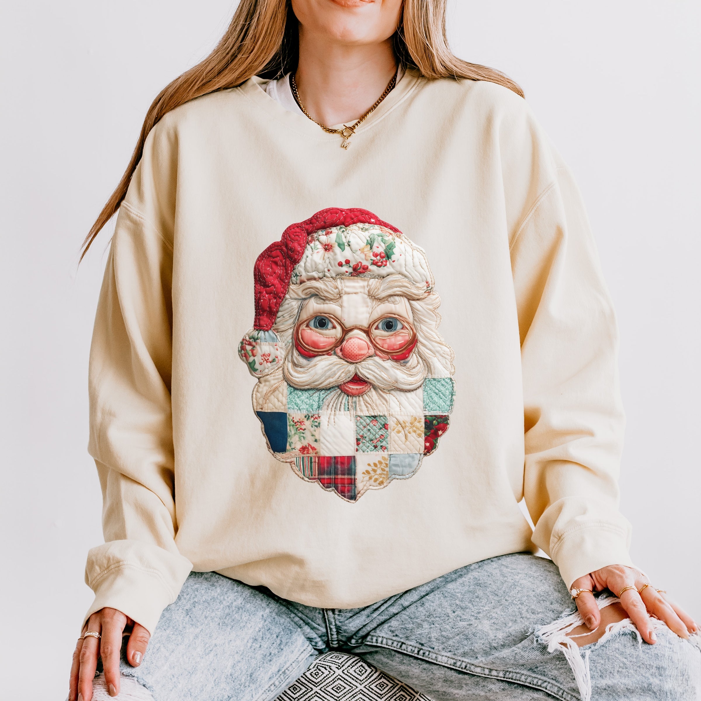 Santa Face Patchwork Print - Women's Lightweight Garment Dyed Sweatshirt