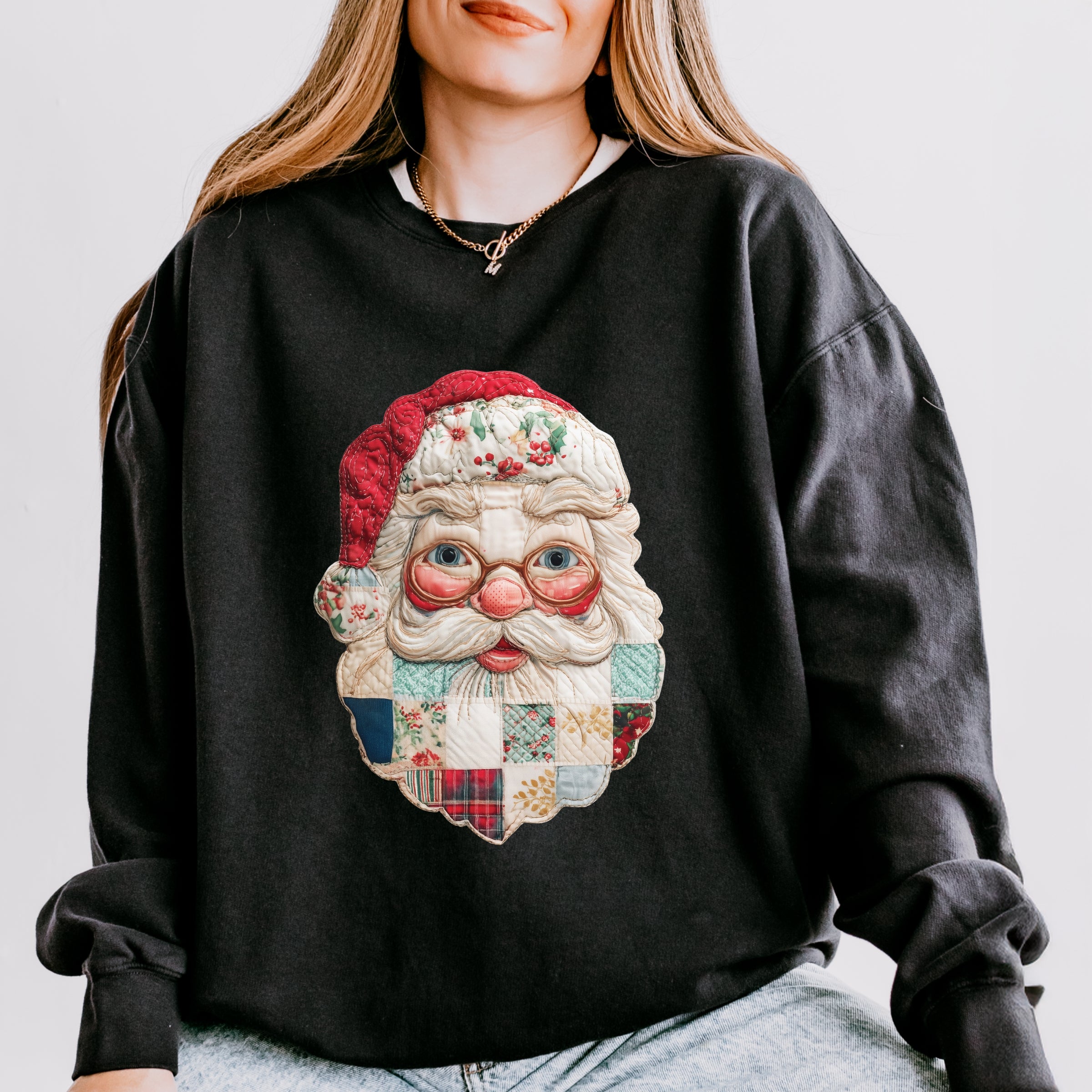 Santa Face Patchwork Print - Women's Lightweight Garment Dyed Sweatshirt