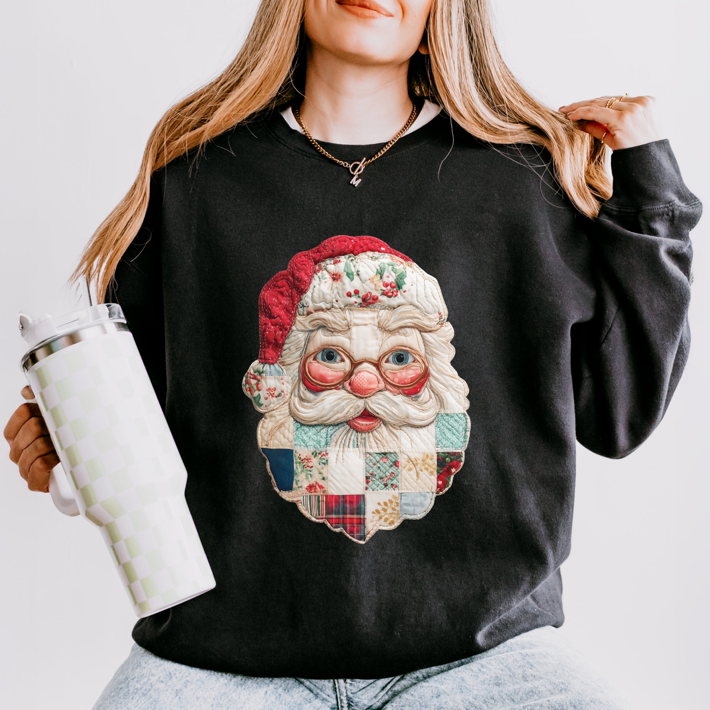 Santa Face Patchwork Print - Women's Lightweight Garment Dyed Sweatshirt