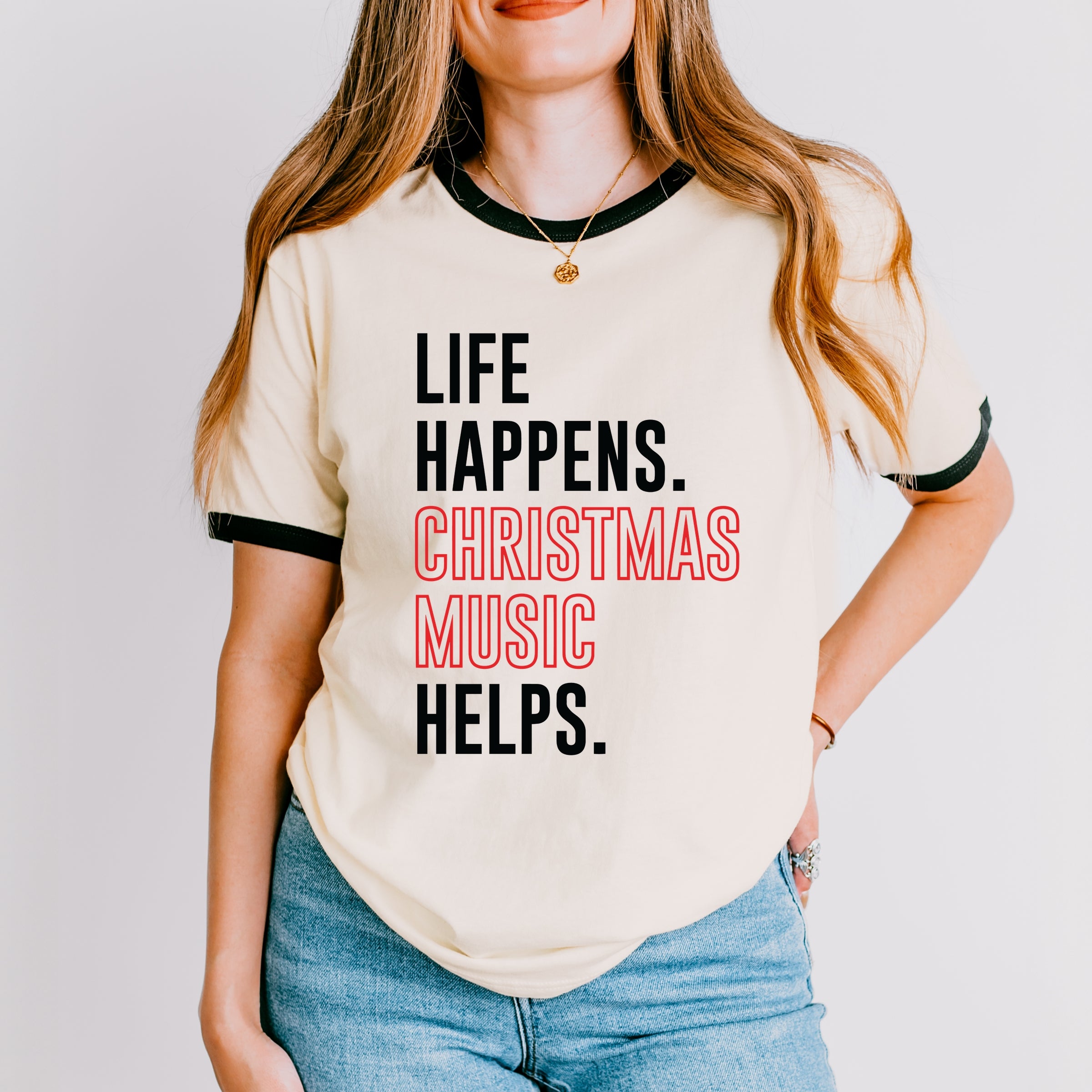 Christmas Music Helps - Women's Ringer Graphic T-Shirt