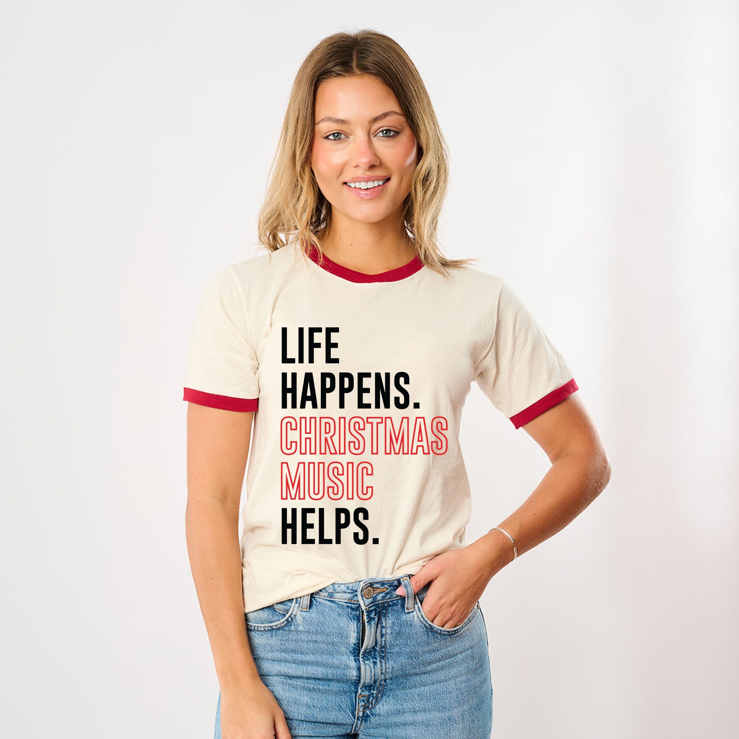 Christmas Music Helps - Women's Ringer Graphic T-Shirt