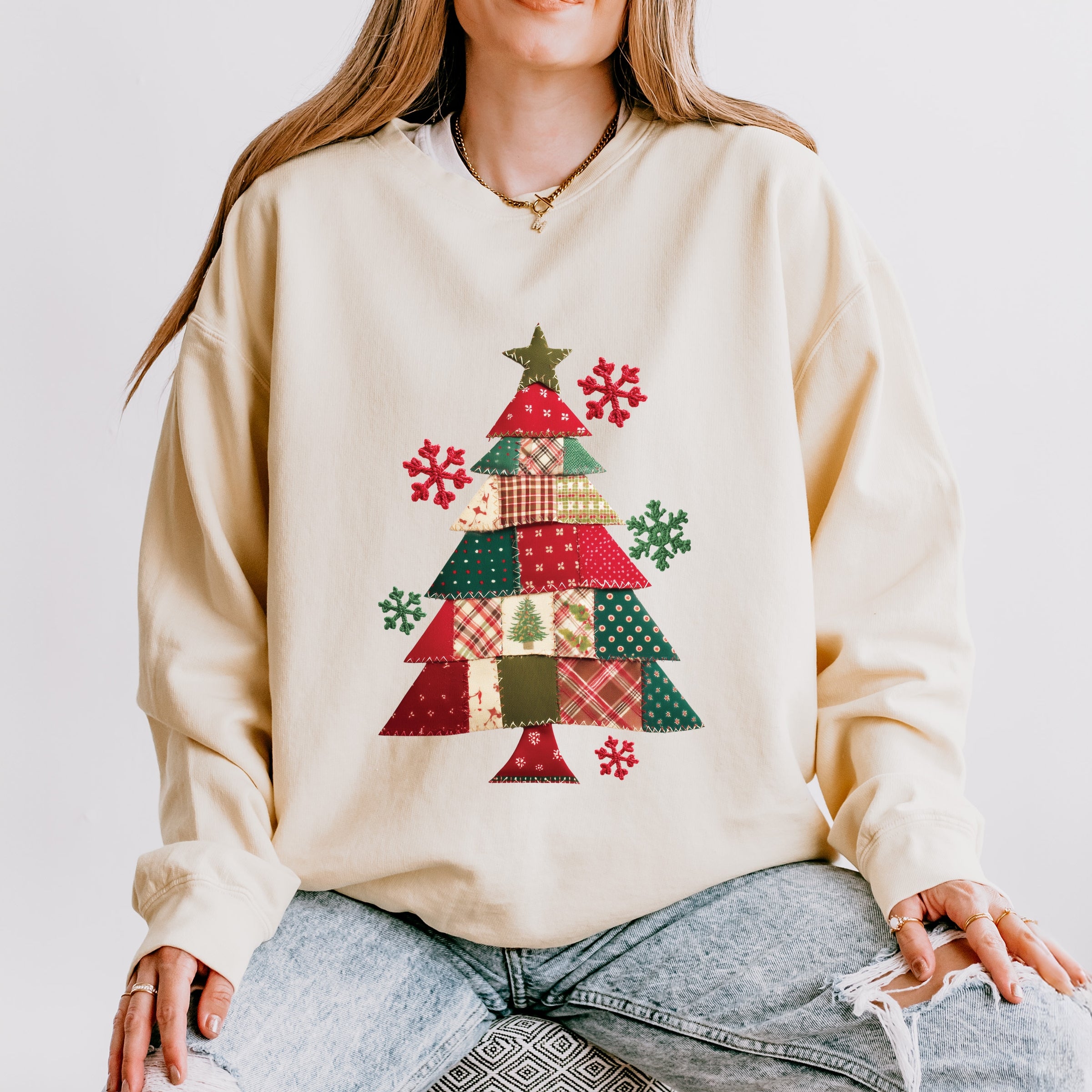 Christmas Tree Patchwork Print - Women's Lightweight Garment Dyed Sweatshirt