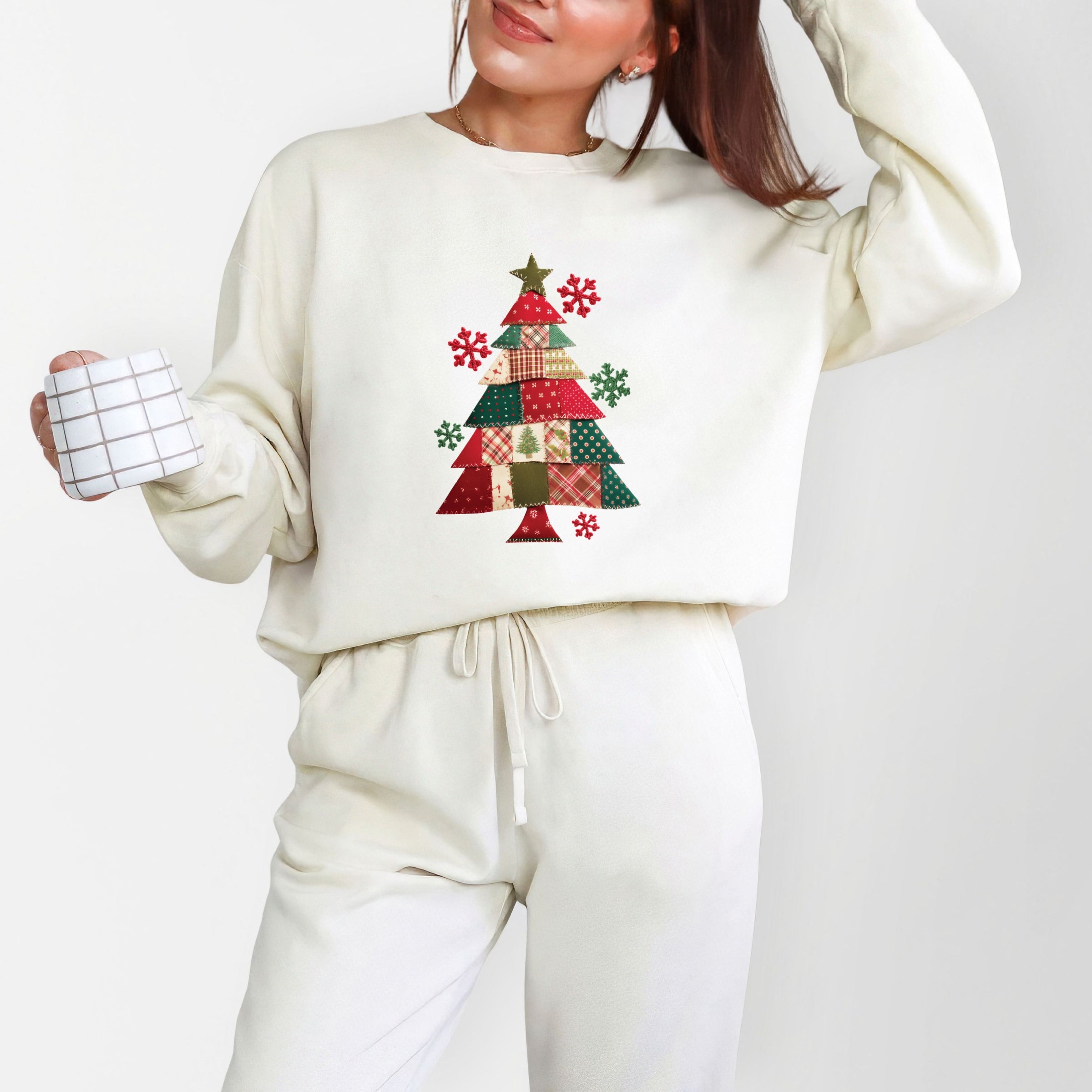 Christmas Tree Patchwork Print - Women's Lightweight Garment Dyed Sweatshirt