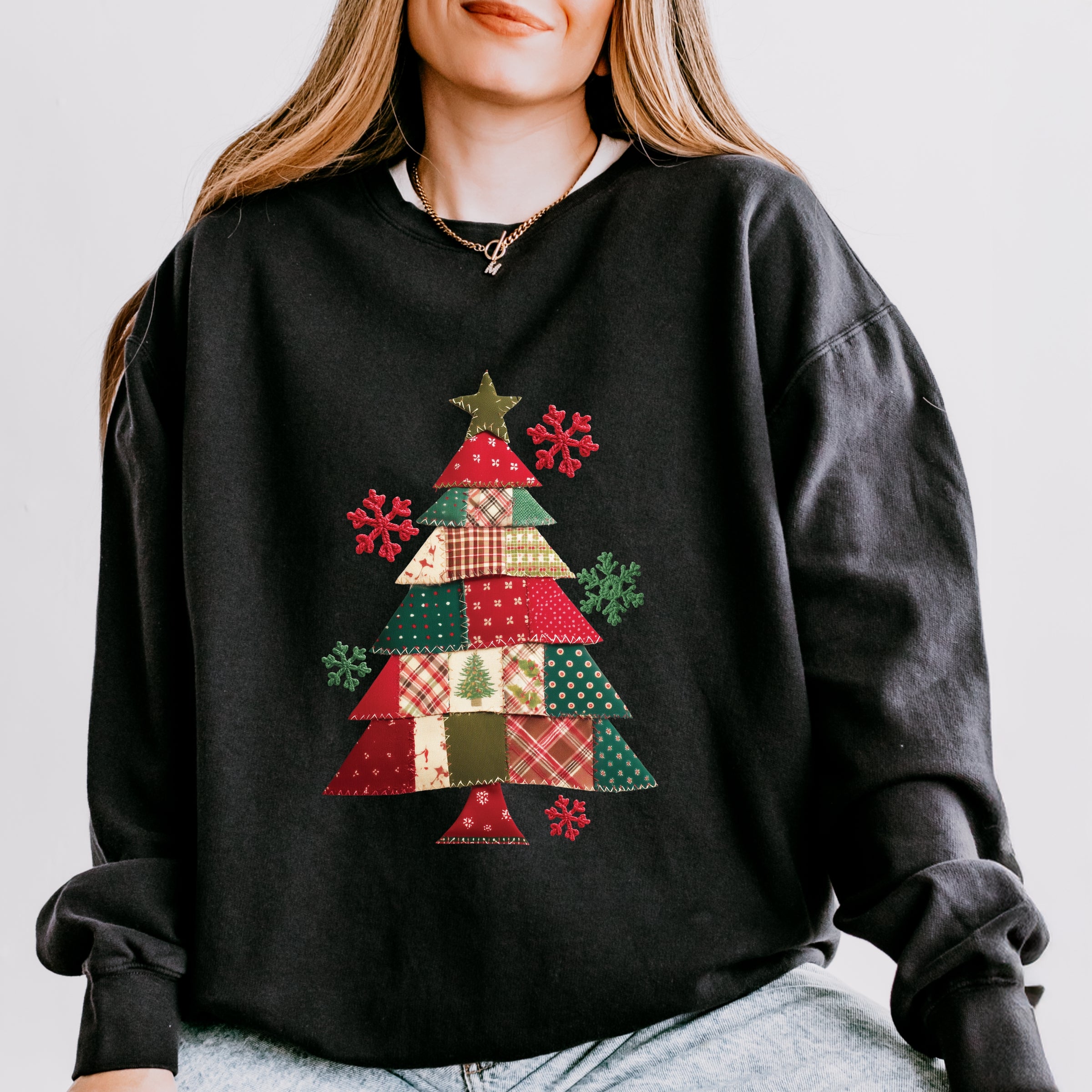 Christmas Tree Patchwork Print - Women's Lightweight Garment Dyed Sweatshirt