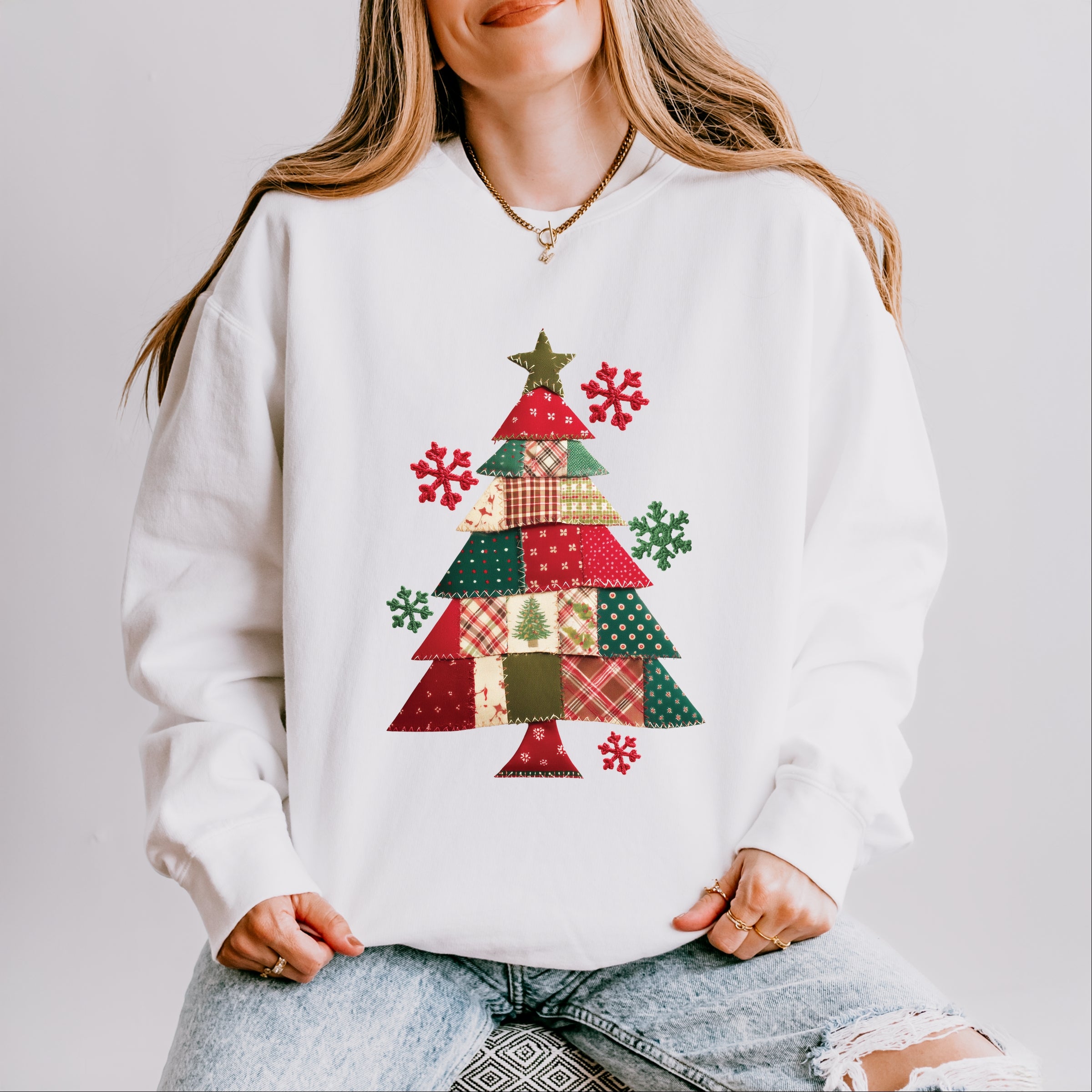 Christmas Tree Patchwork Print - Women's Lightweight Garment Dyed Sweatshirt
