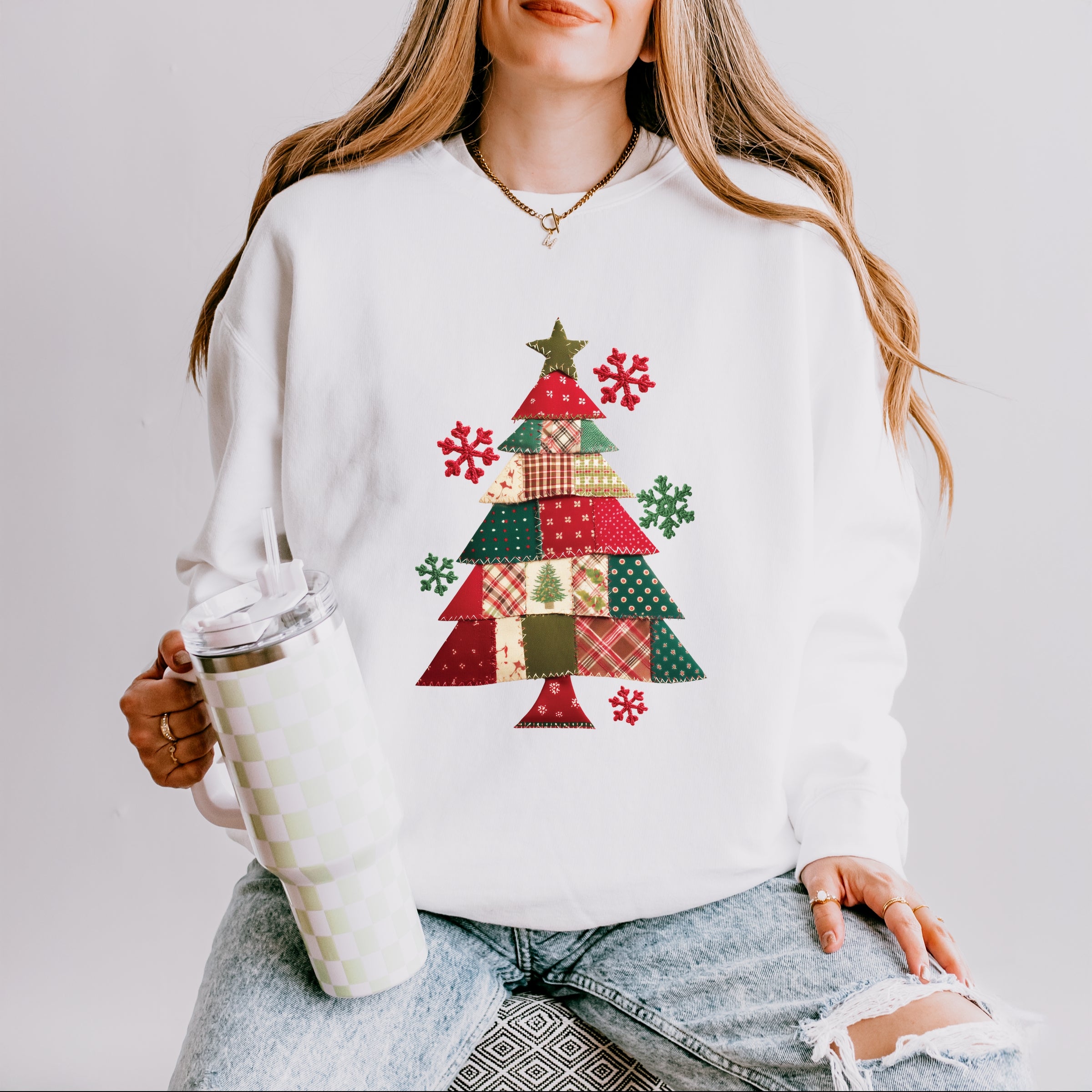 Christmas Tree Patchwork Print - Women's Lightweight Garment Dyed Sweatshirt
