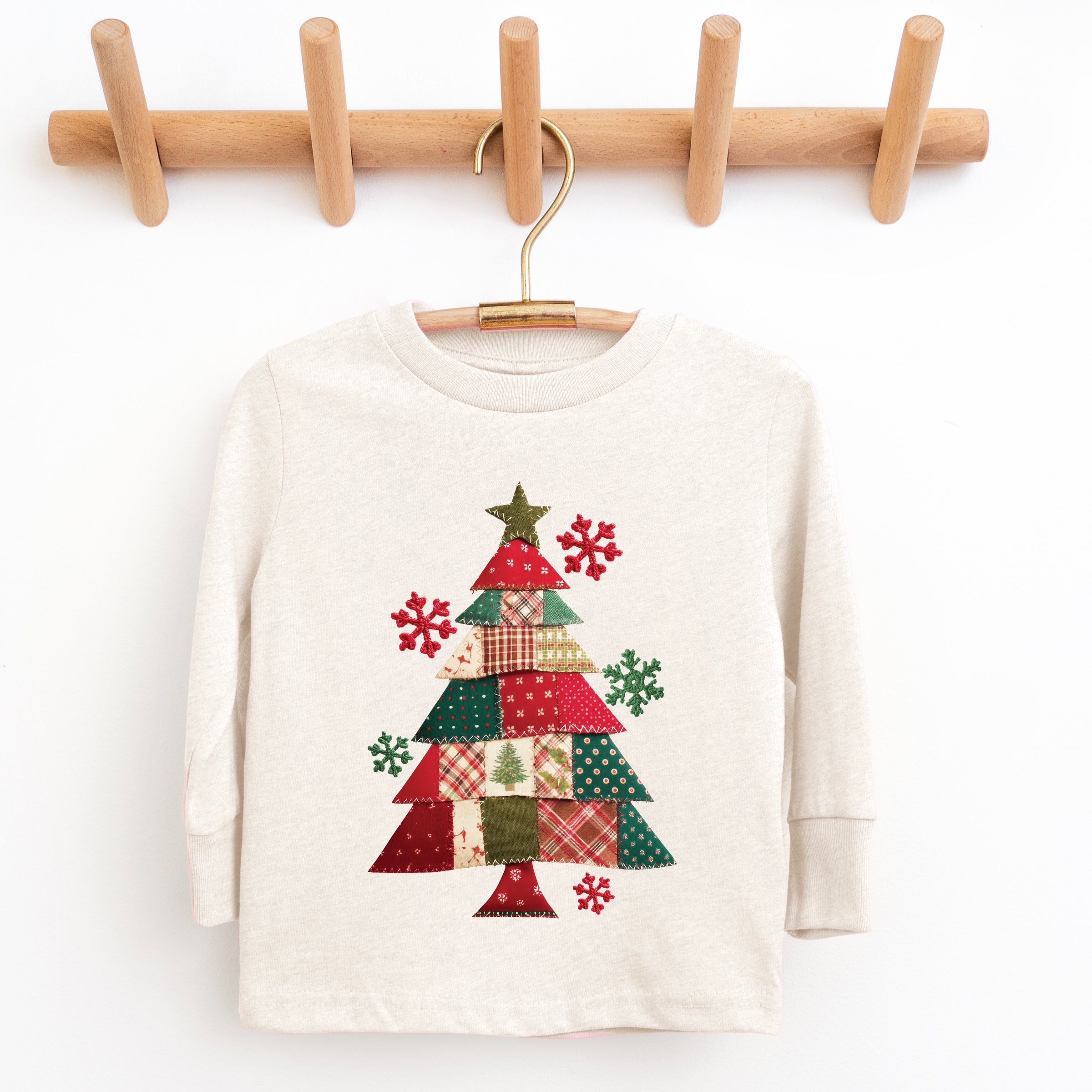 Christmas Tree Patchwork Print - Youth Long Sleeve Graphic T-Shirt