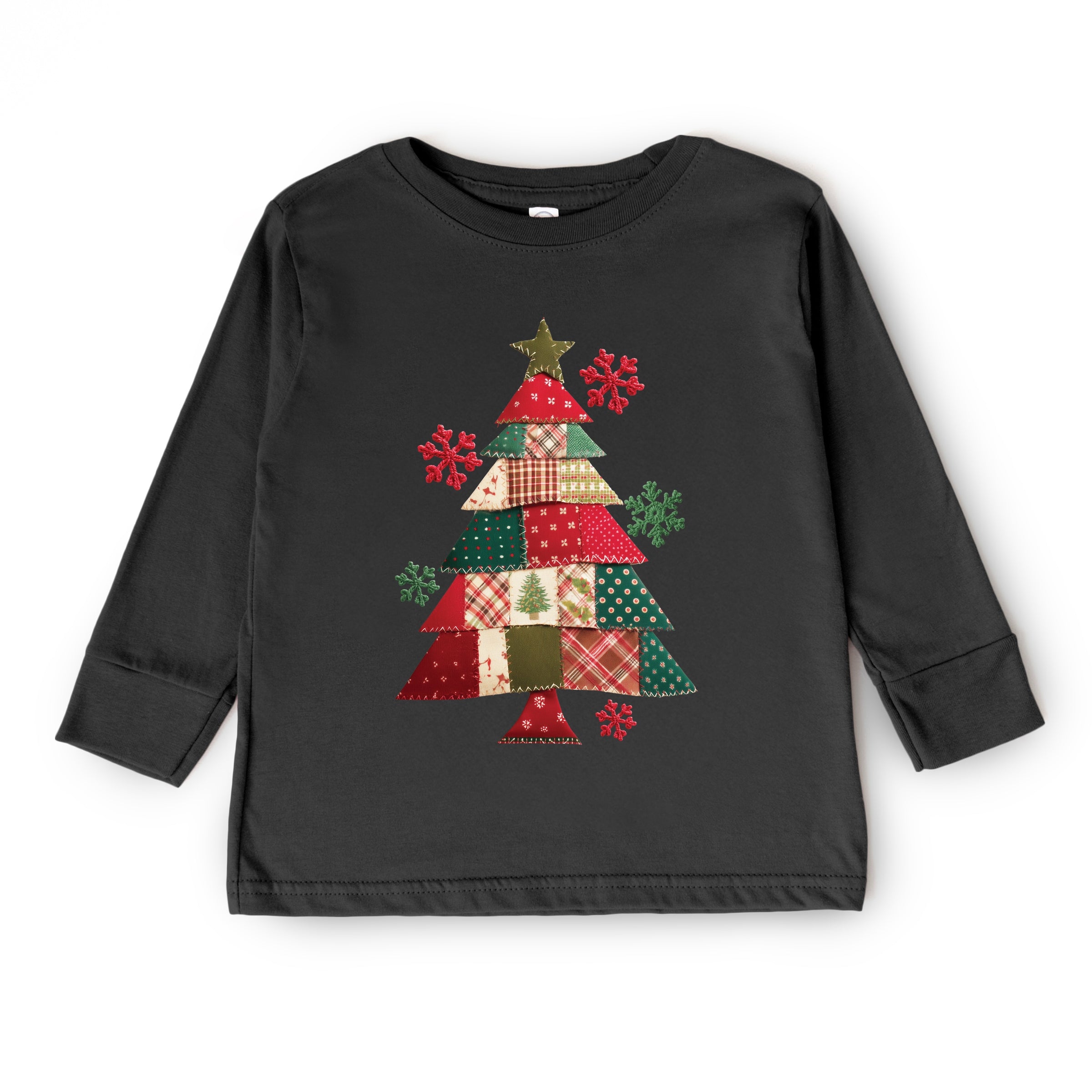 Christmas Tree Patchwork Print - Youth Long Sleeve Graphic T-Shirt