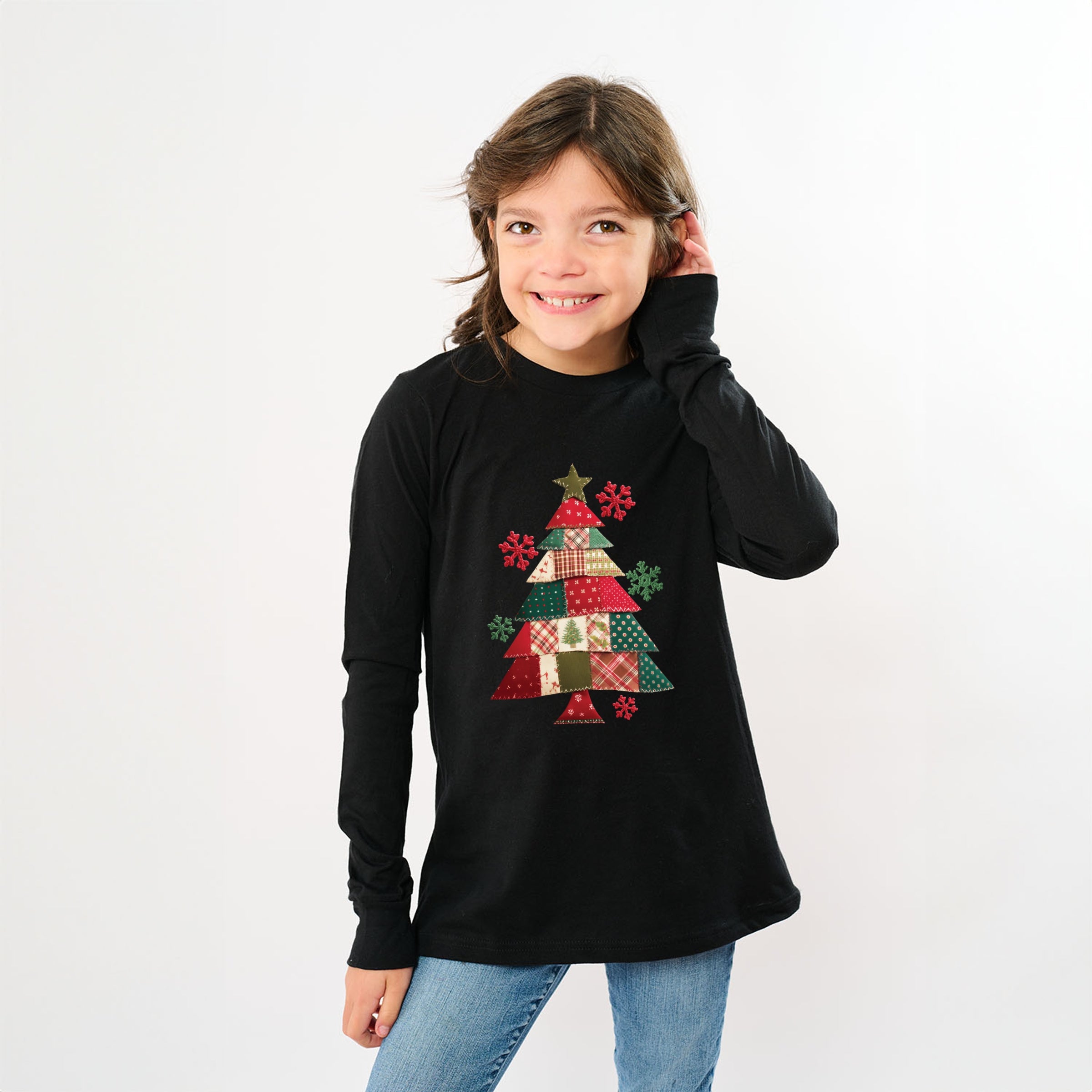 Christmas Tree Patchwork Print - Youth Long Sleeve Graphic T-Shirt