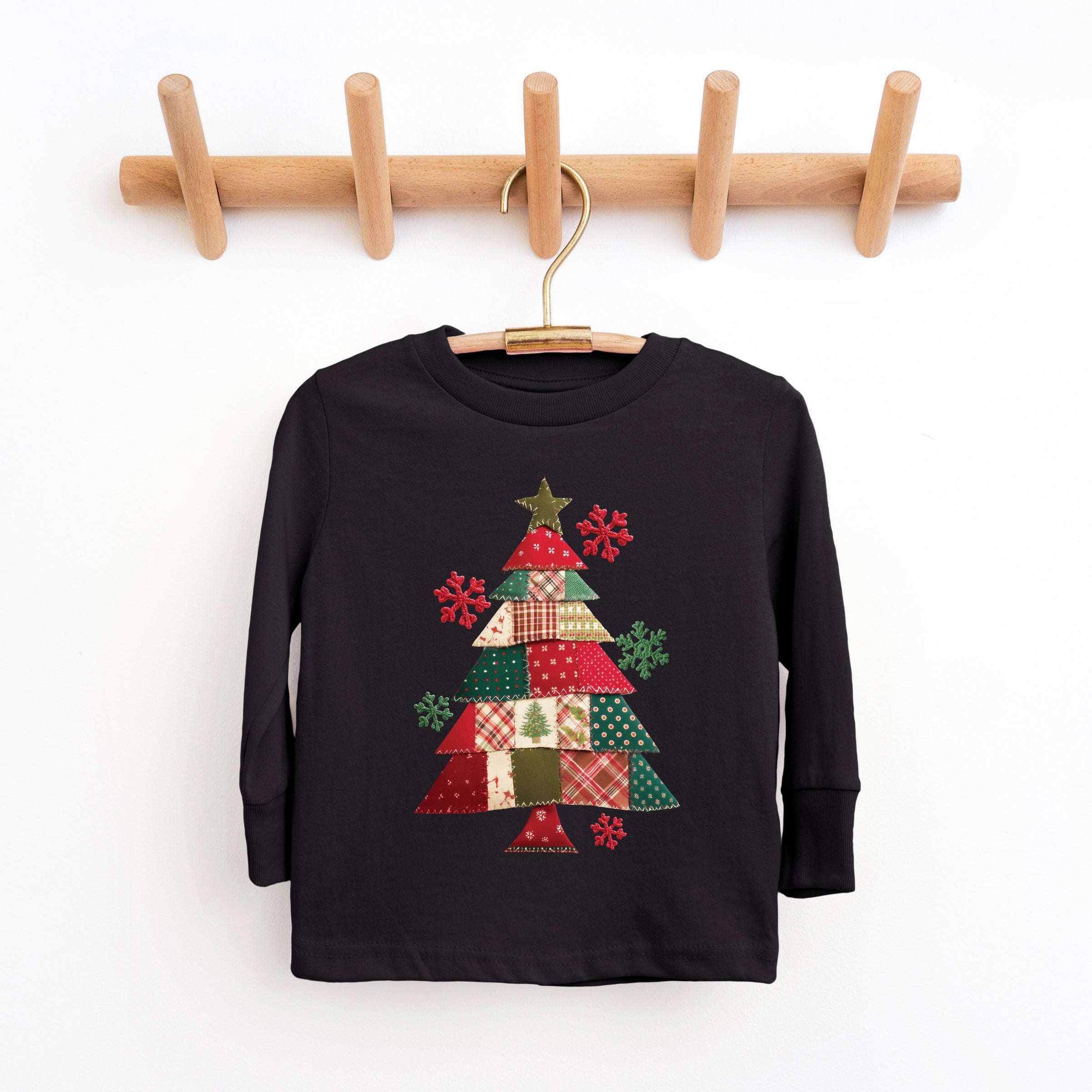 Christmas Tree Patchwork Print - Youth Long Sleeve Graphic T-Shirt