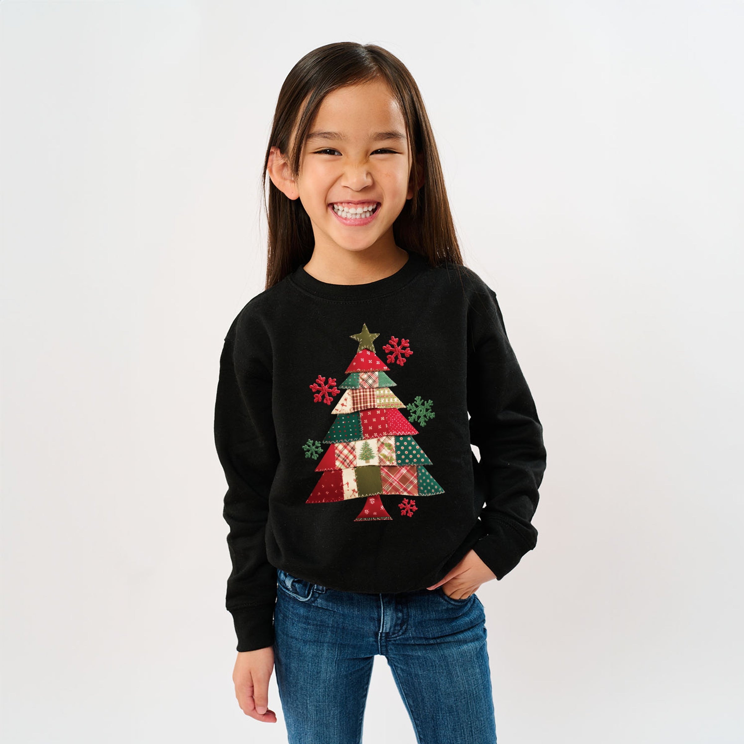 Christmas Tree Patchwork Print - Youth Graphic Sweatshirt