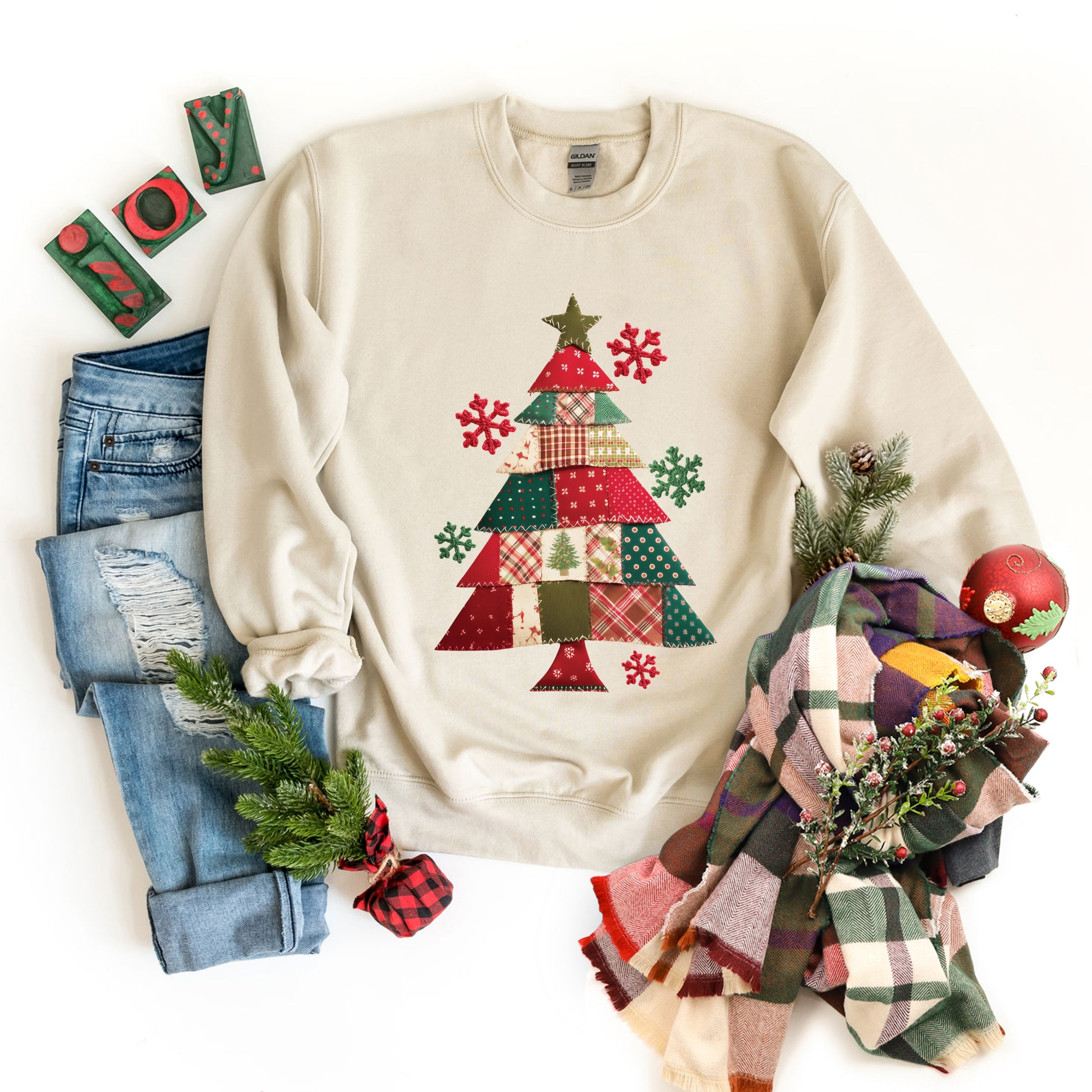 Christmas Tree Patchwork Print - Women's Graphic Sweatshirt