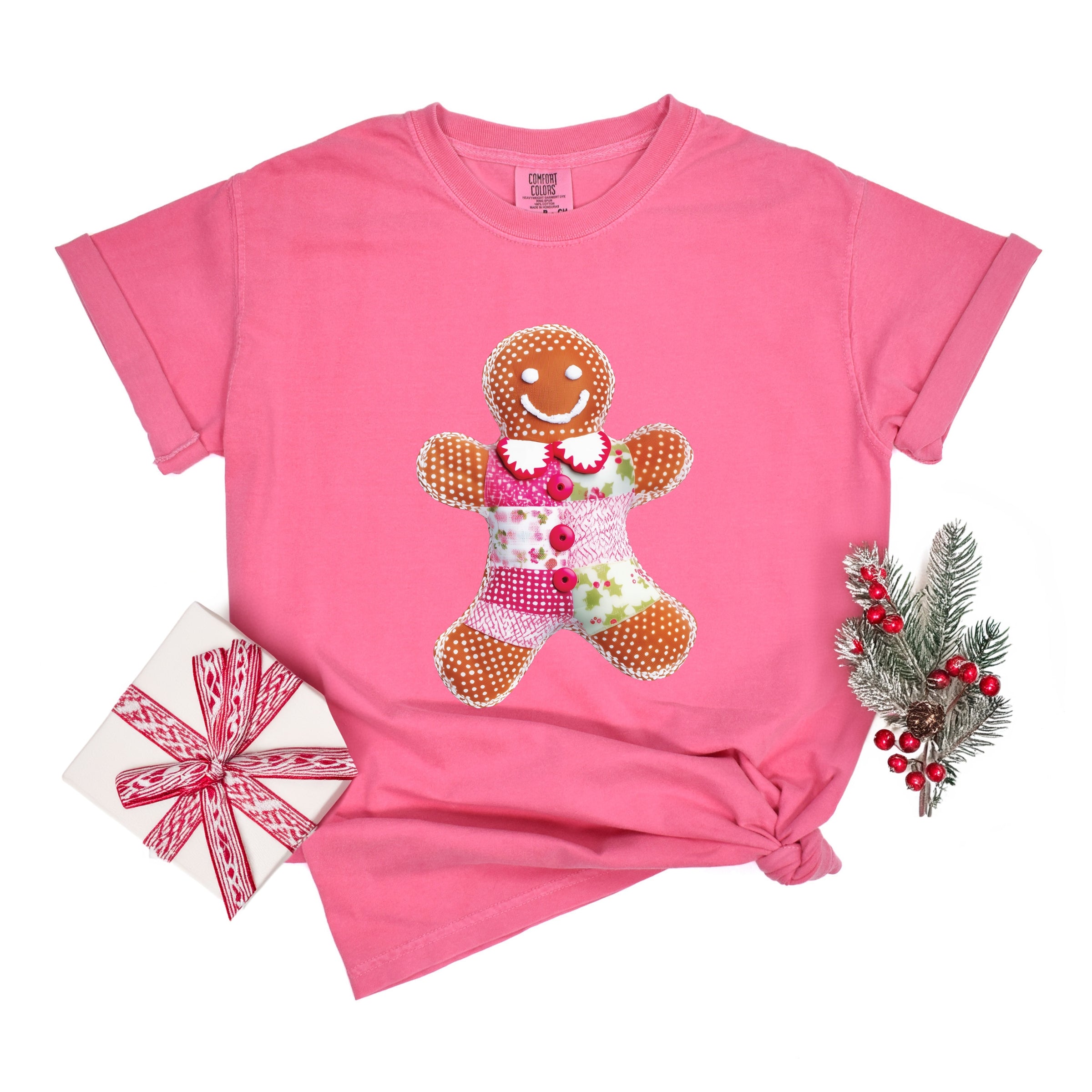 Gingerbread Polka Dot Patchwork Print - Women's Garment Dyed Graphic T-Shirt