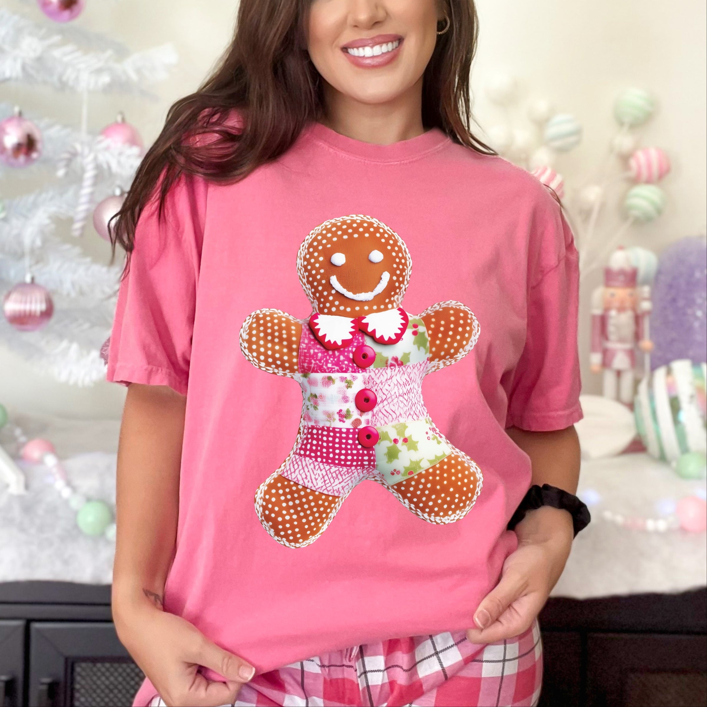 Gingerbread Polka Dot Patchwork Print - Women's Garment Dyed Graphic T-Shirt