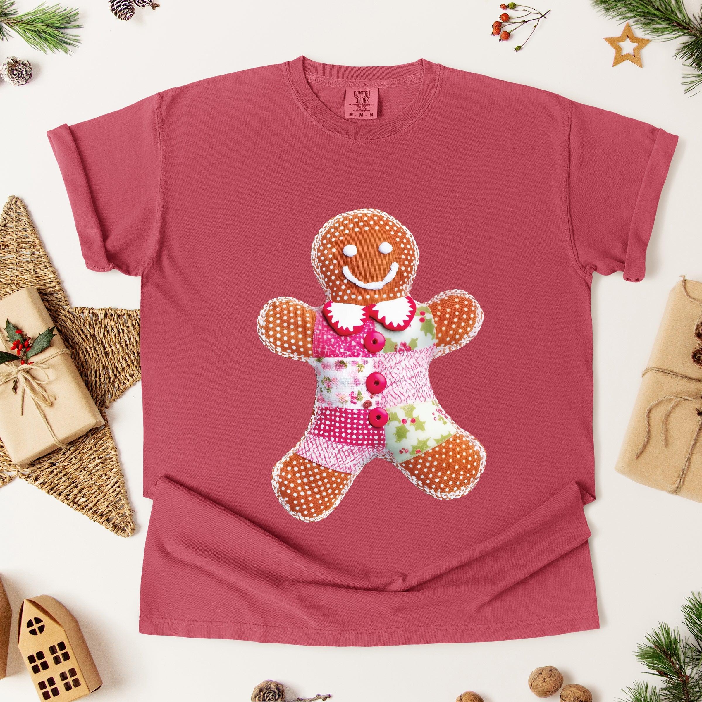 Gingerbread Polka Dot Patchwork Print - Women's Garment Dyed Graphic T-Shirt