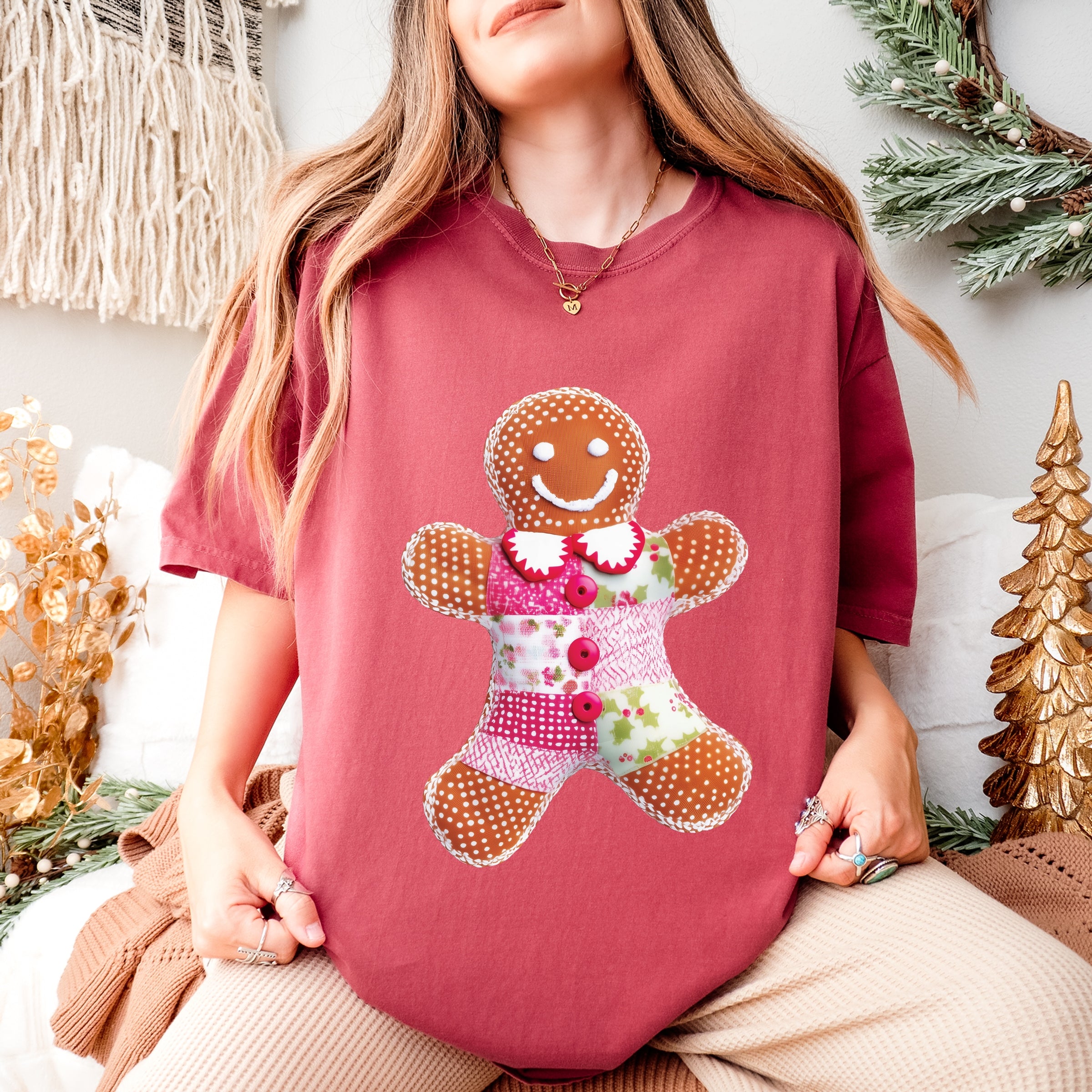 Gingerbread Polka Dot Patchwork Print - Women's Garment Dyed Graphic T-Shirt