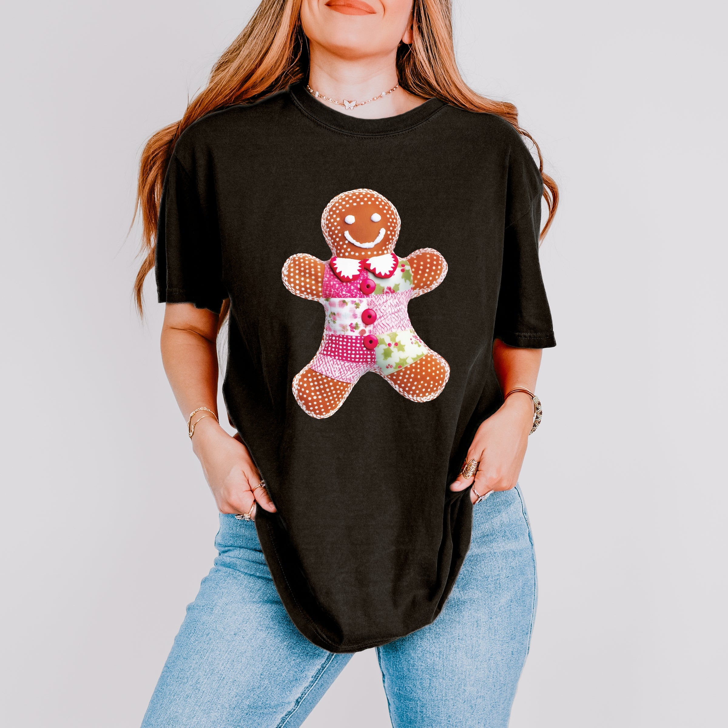 Gingerbread Polka Dot Patchwork Print - Women's Garment Dyed Graphic T-Shirt