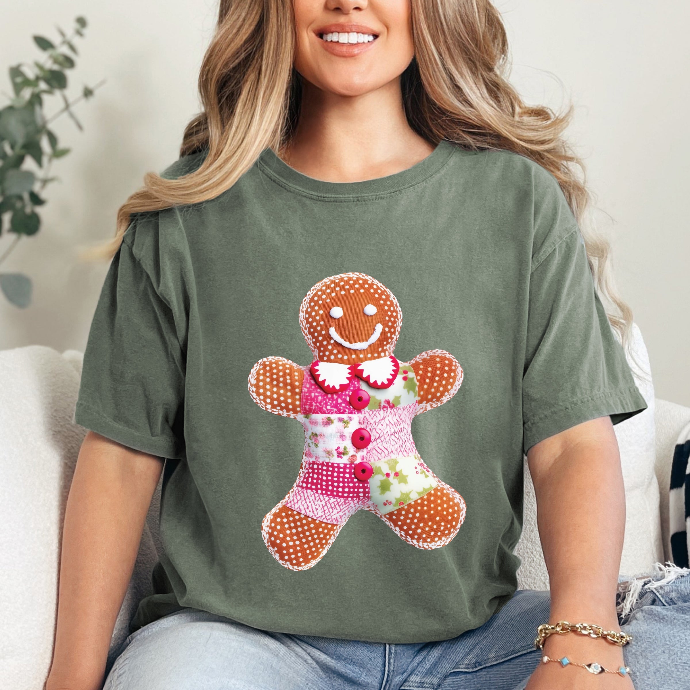 Gingerbread Polka Dot Patchwork Print - Women's Garment Dyed Graphic T-Shirt