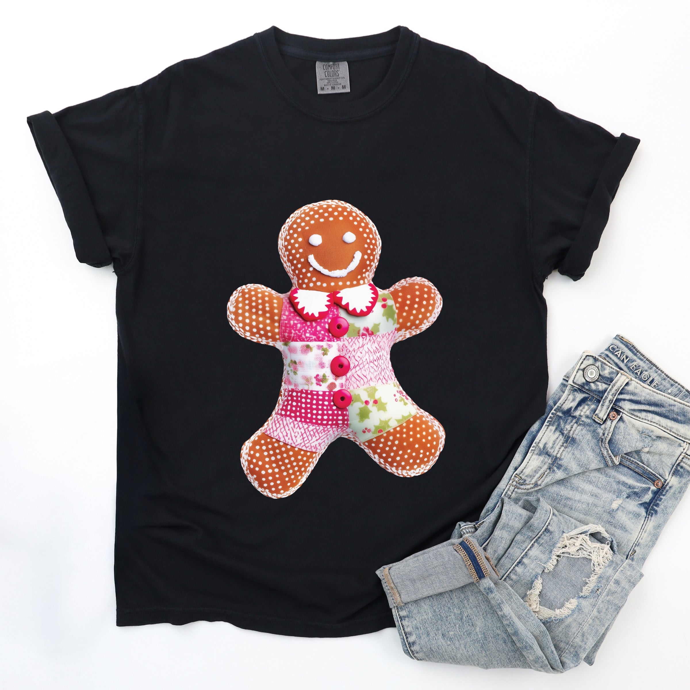Gingerbread Polka Dot Patchwork Print - Women's Garment Dyed Graphic T-Shirt