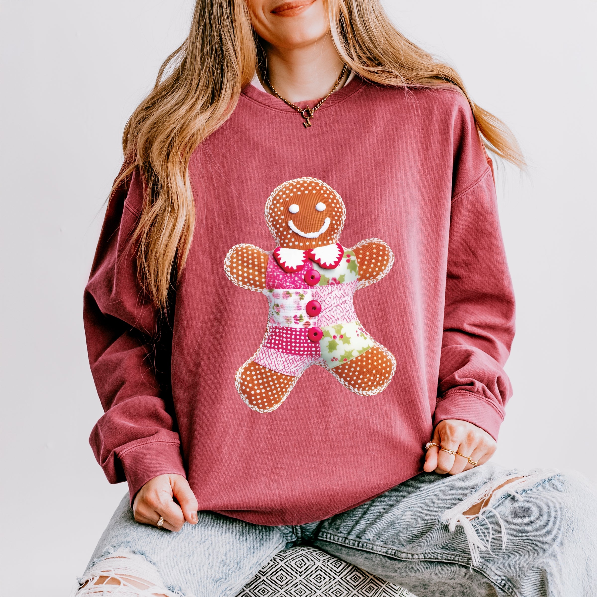 Gingerbread Polka Dot Patchwork Print - Women's Lightweight Garment Dyed Sweatshirt