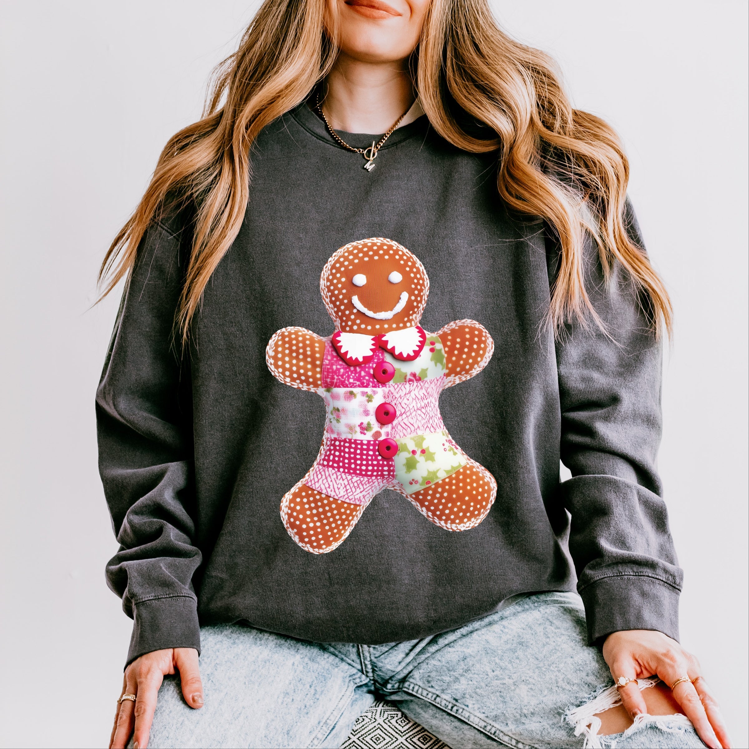 Gingerbread Polka Dot Patchwork Print - Women's Lightweight Garment Dyed Sweatshirt