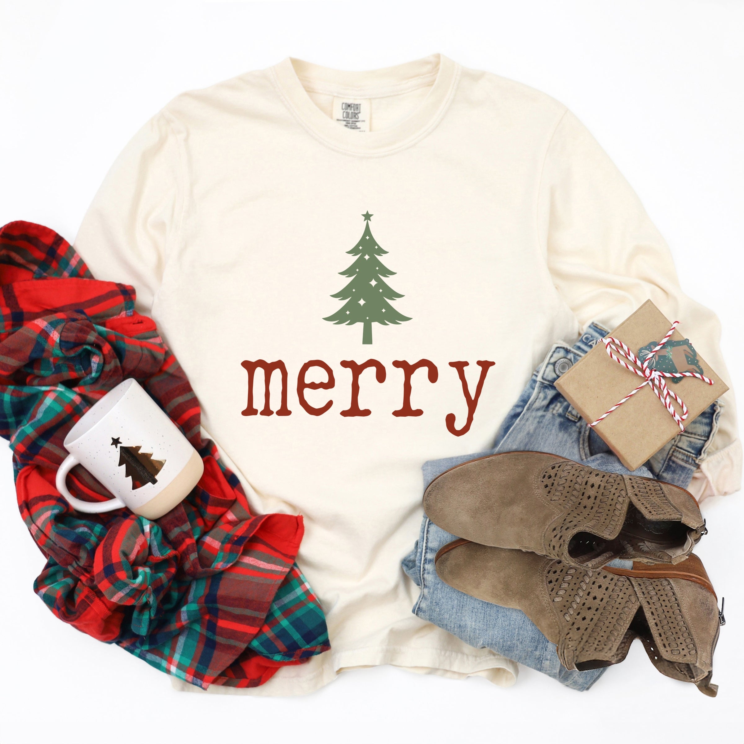 Merry Christmas Tree Stars - Women's Garment Dyed Long Sleeve Graphic T-Shirt