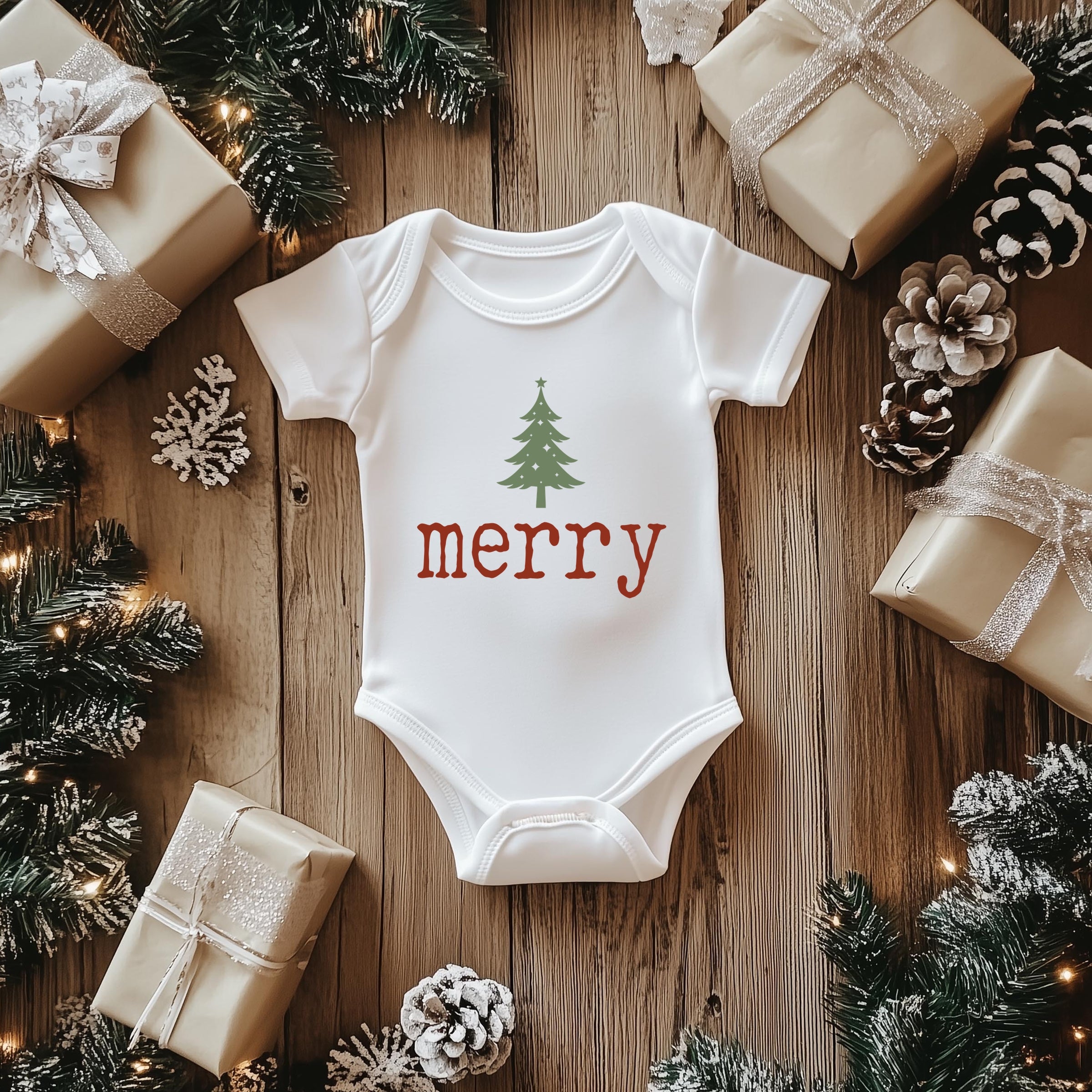 Merry Christmas Tree Stars - Baby Short Sleeve Graphic Bodysuit