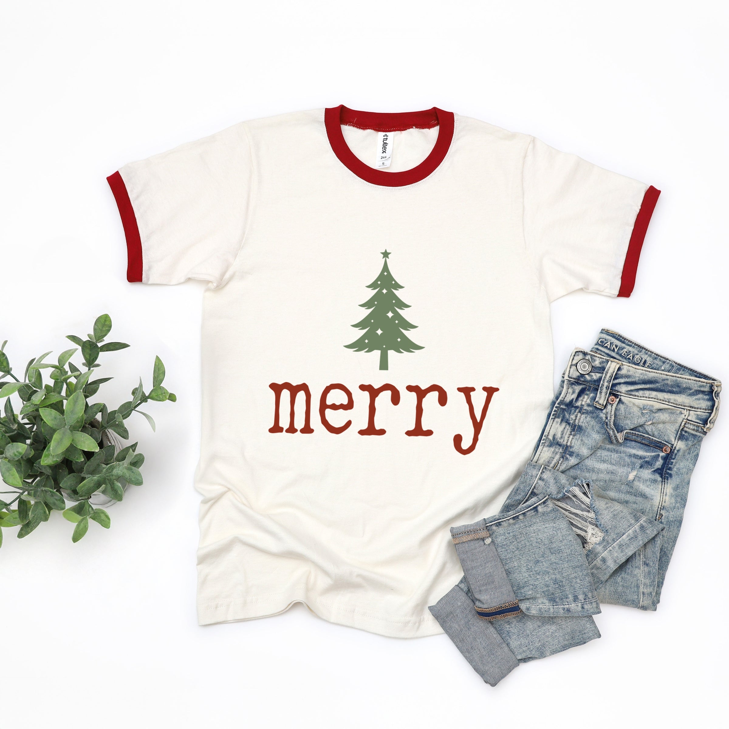Merry Christmas Tree Stars - Women's Ringer Graphic T-Shirt