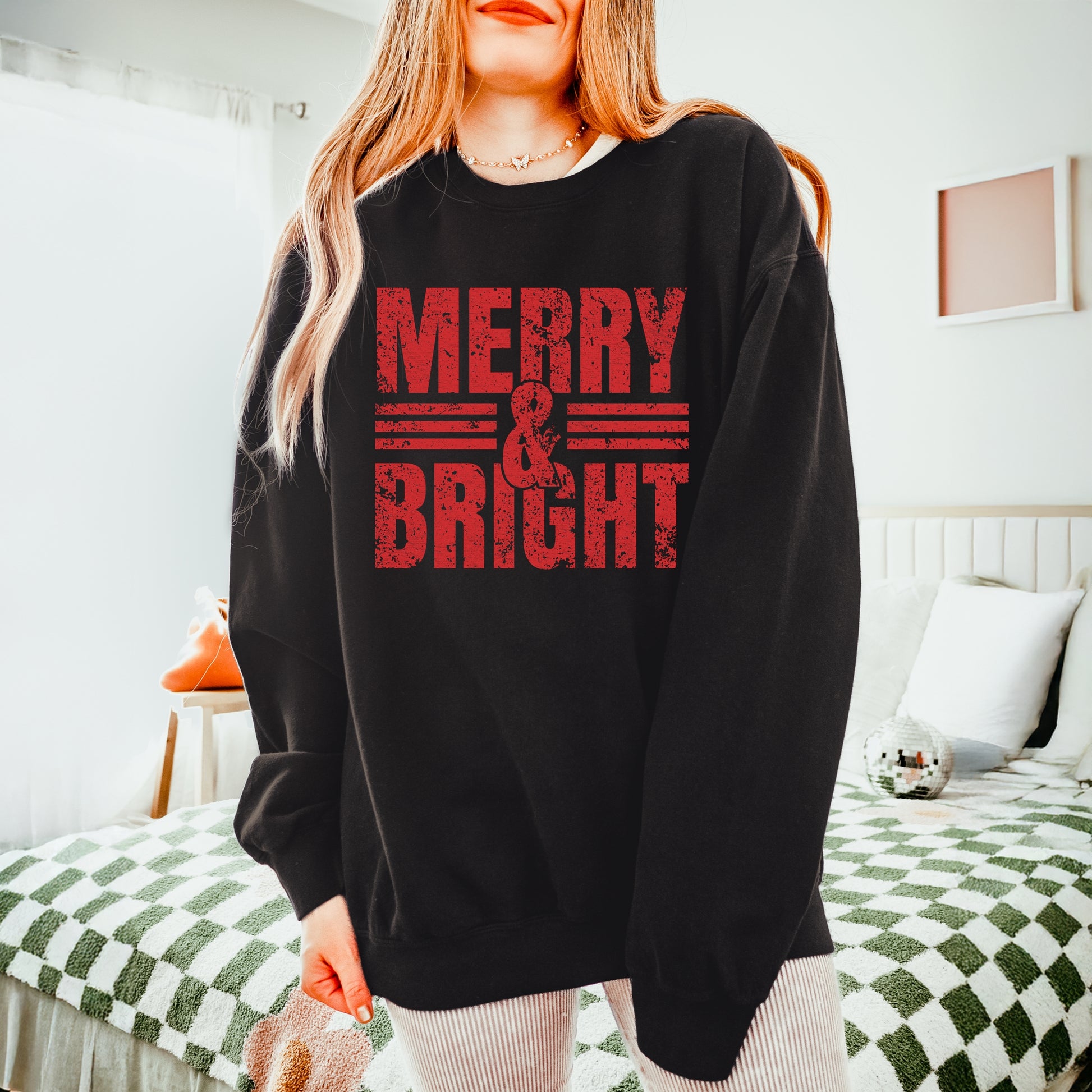 Merry & Bright Distressed - Women's Lightweight Garment Dyed Sweatshirt