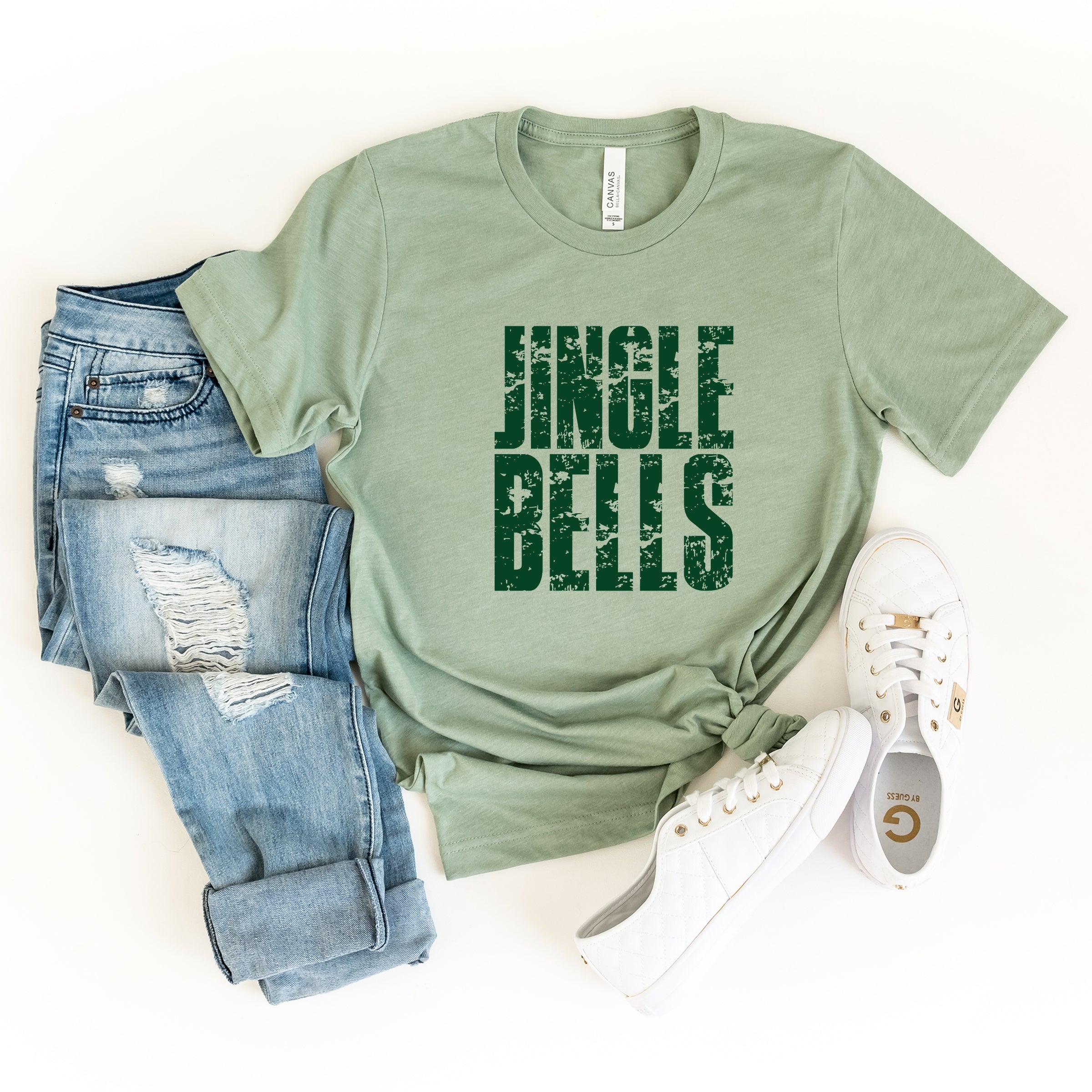 Jingle Bells Block Distressed - Womens Short Sleeve Graphic T-Shirt