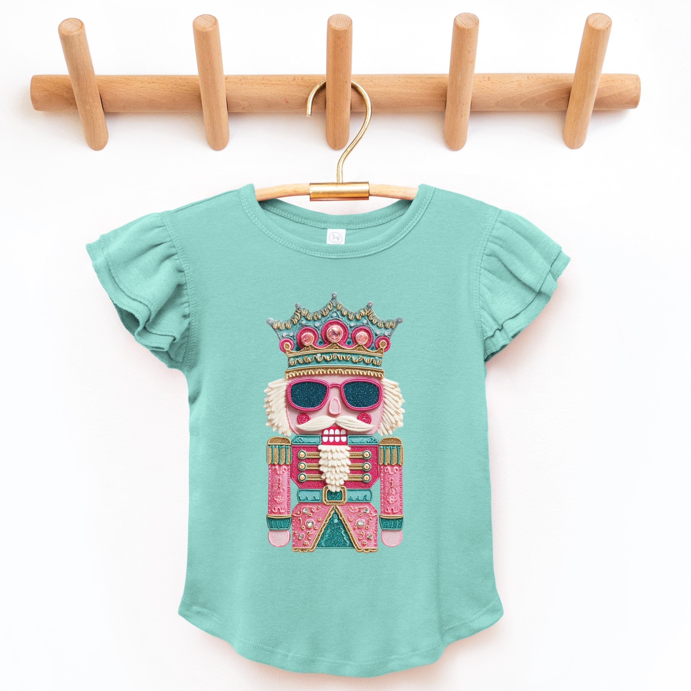 Pink and Teal Nutcracker Patchwork Print - Flutter Sleeve Graphic T-Shirt