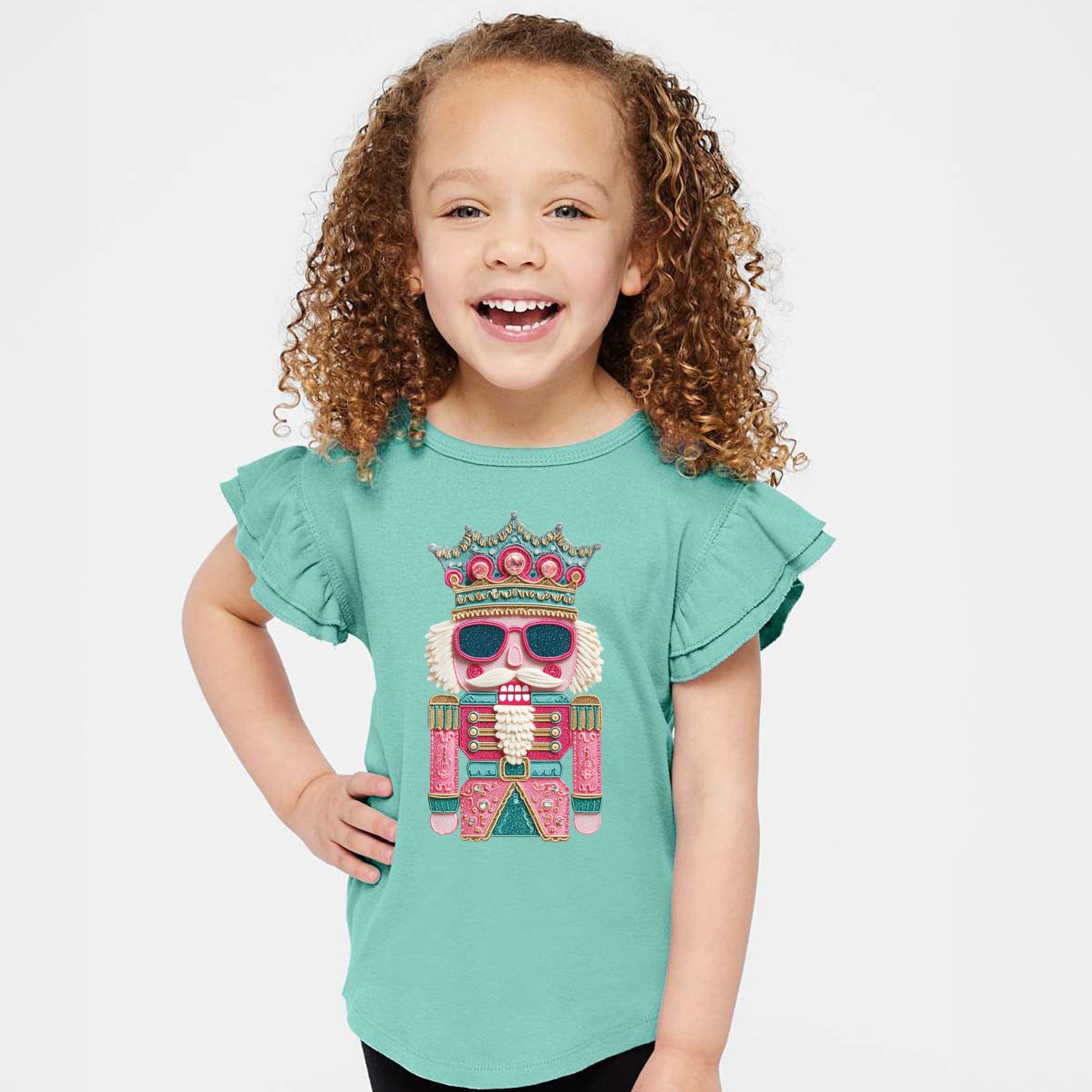 Pink and Teal Nutcracker Patchwork Print - Flutter Sleeve Graphic T-Shirt