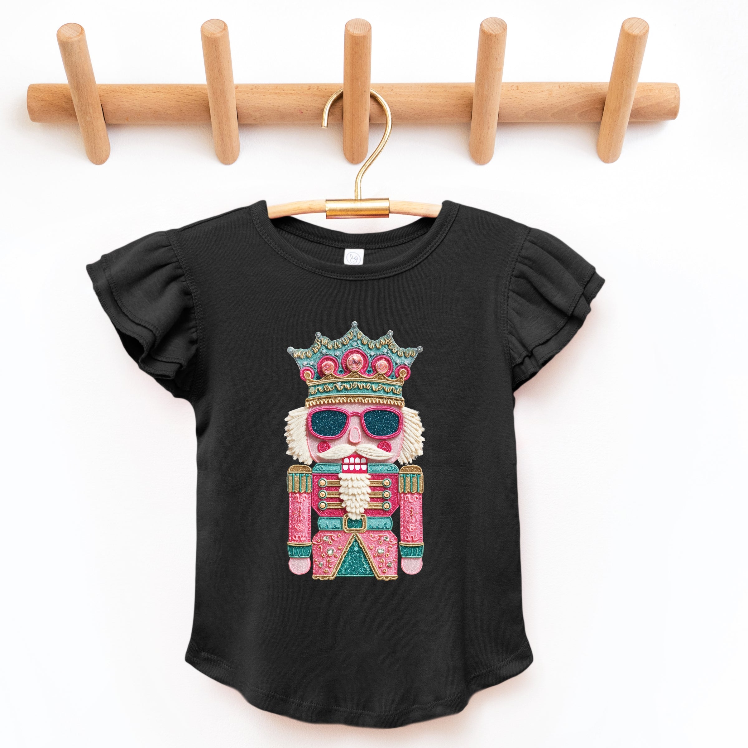 Pink and Teal Nutcracker Patchwork Print - Flutter Sleeve Graphic T-Shirt