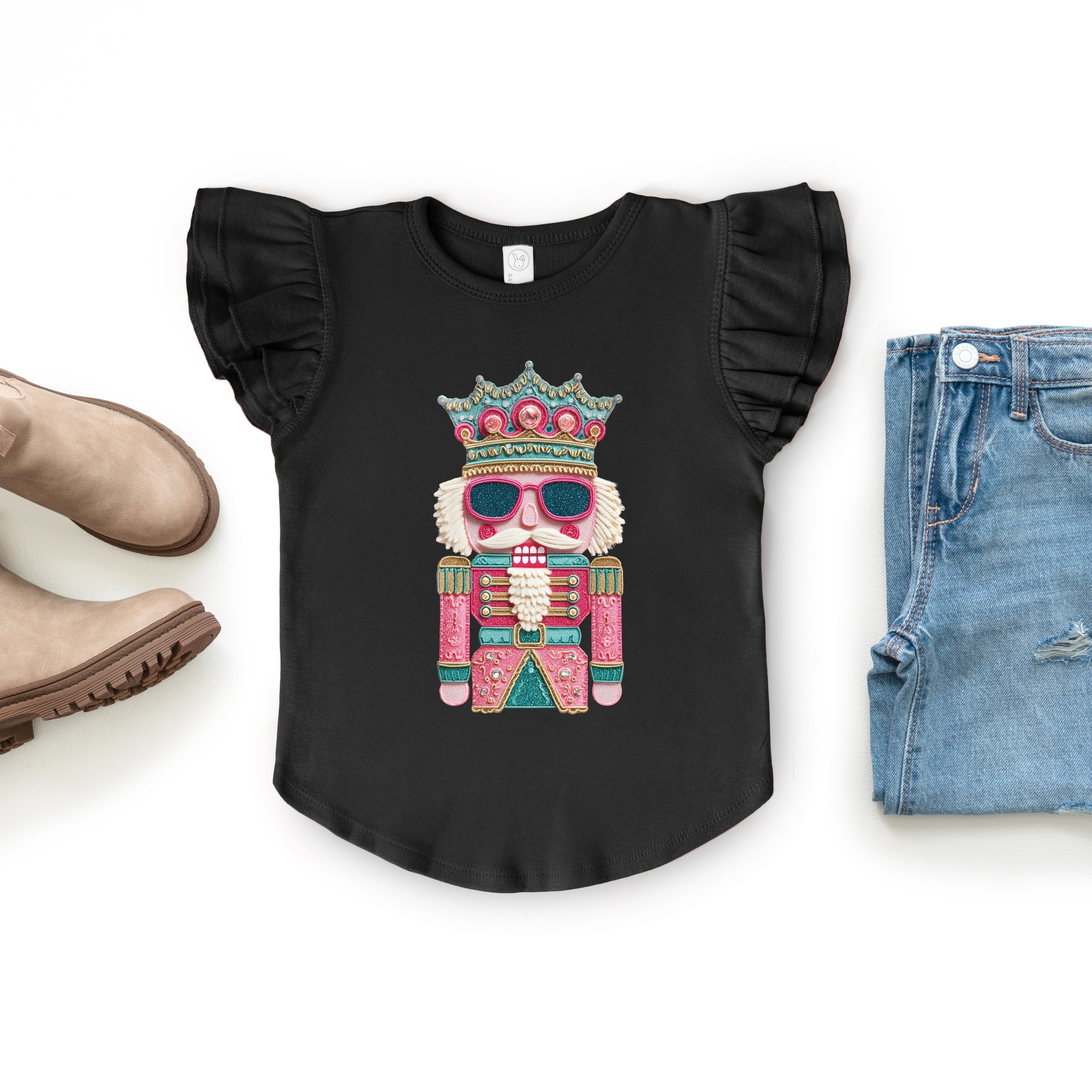 Pink and Teal Nutcracker Patchwork Print - Flutter Sleeve Graphic T-Shirt