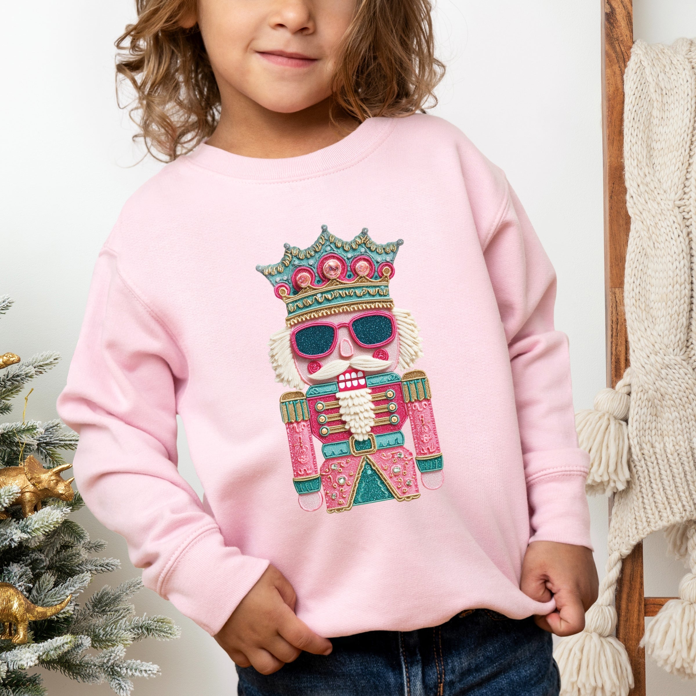 Pink and Teal Nutcracker Patchwork Print - Toddler Graphic Sweatshirt and Youth Graphic Sweatshirt
