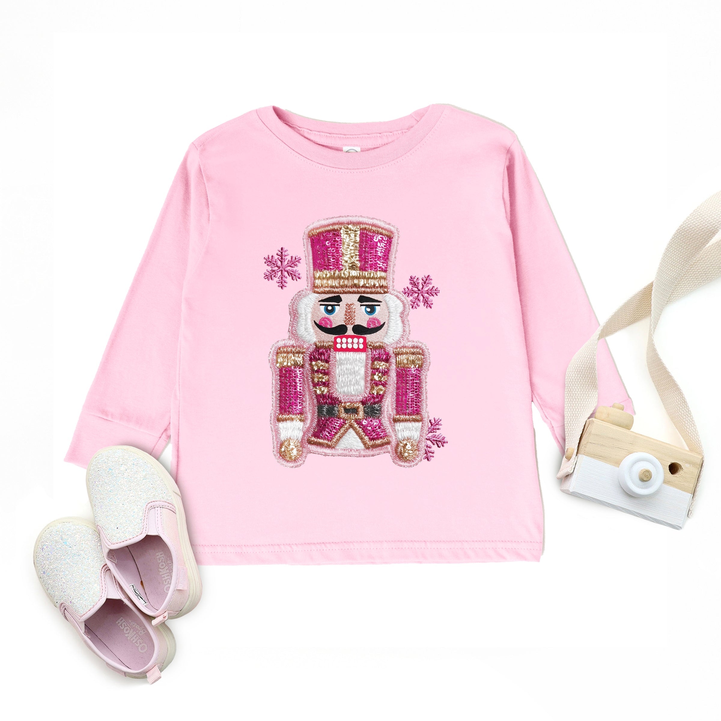 Pink Snowflake Nutcracker Patchwork Print - Toddler Long Sleeve Graphic Tee and Youth Long Sleeve Graphic T-Shirt