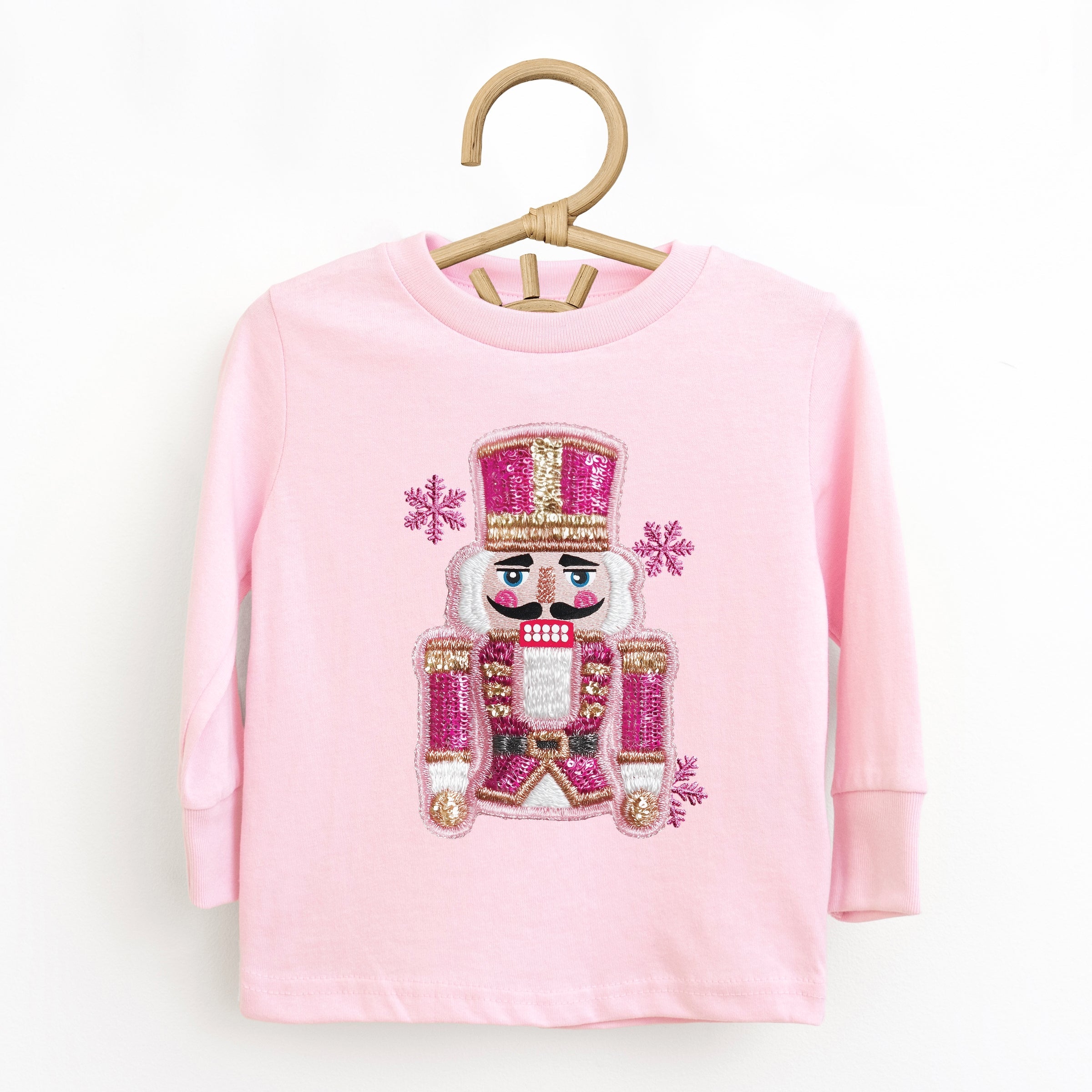 Pink Snowflake Nutcracker Patchwork Print - Toddler Long Sleeve Graphic Tee and Youth Long Sleeve Graphic T-Shirt
